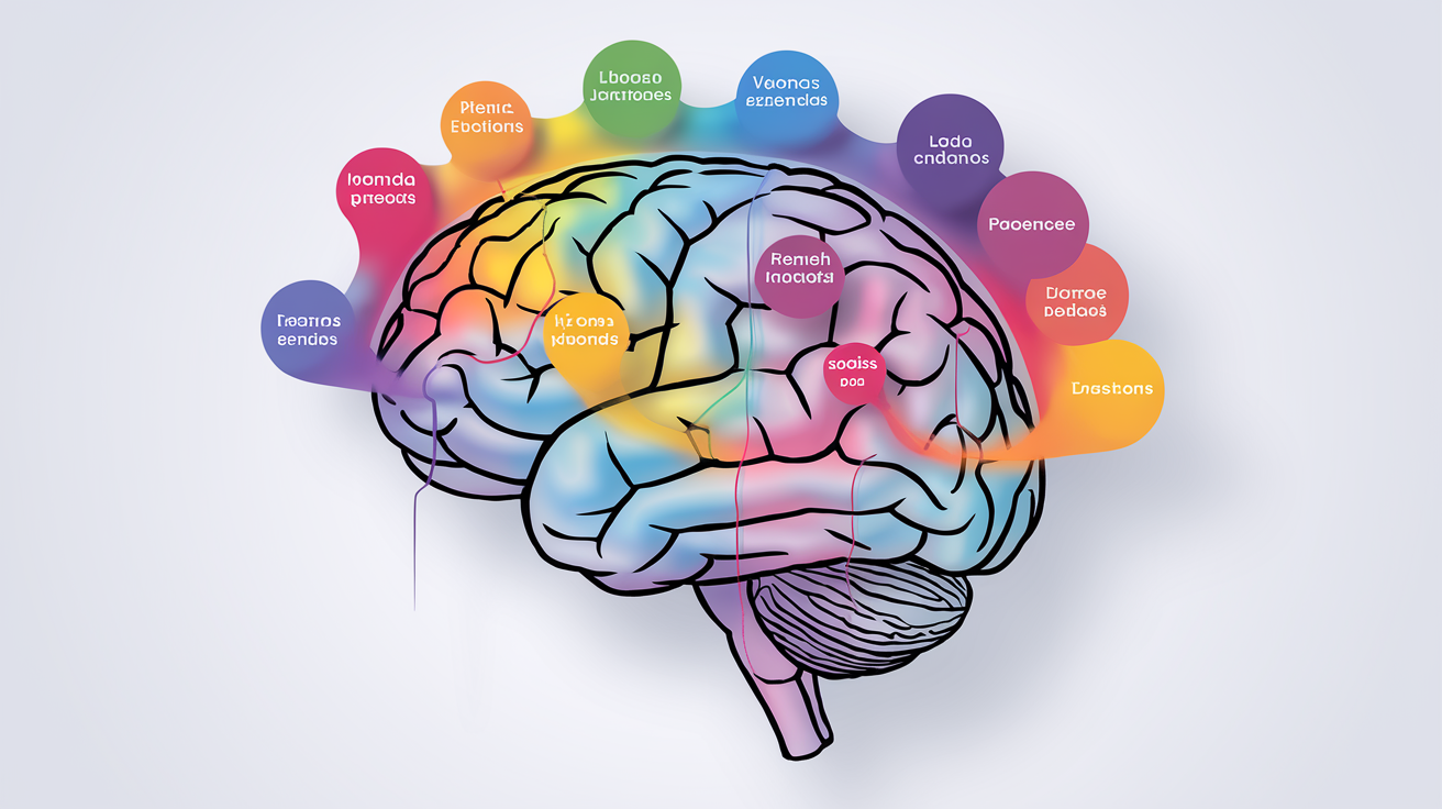 Illustration d'un cerveau humain avec des bulles colorées représentant des expressions espagnoles