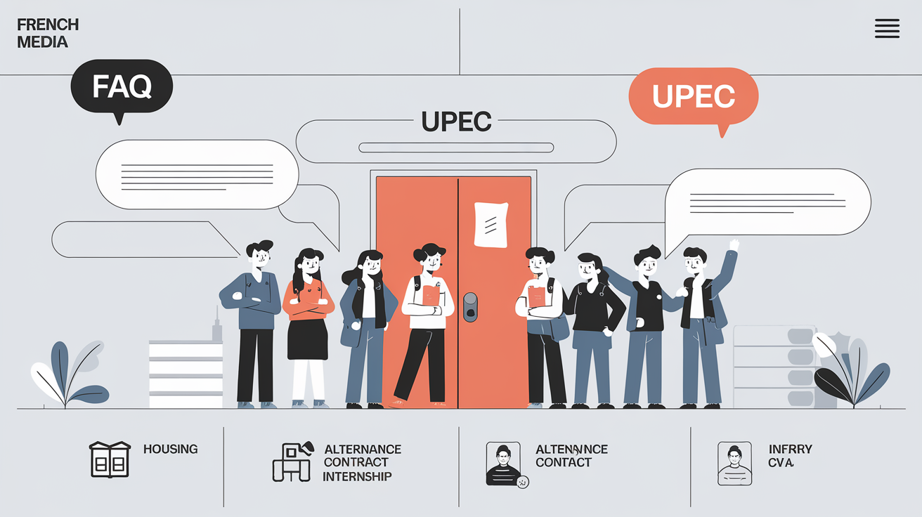 Illustration minimaliste pour la FAQ ADE UPEC, abordant logement, stages et alternance