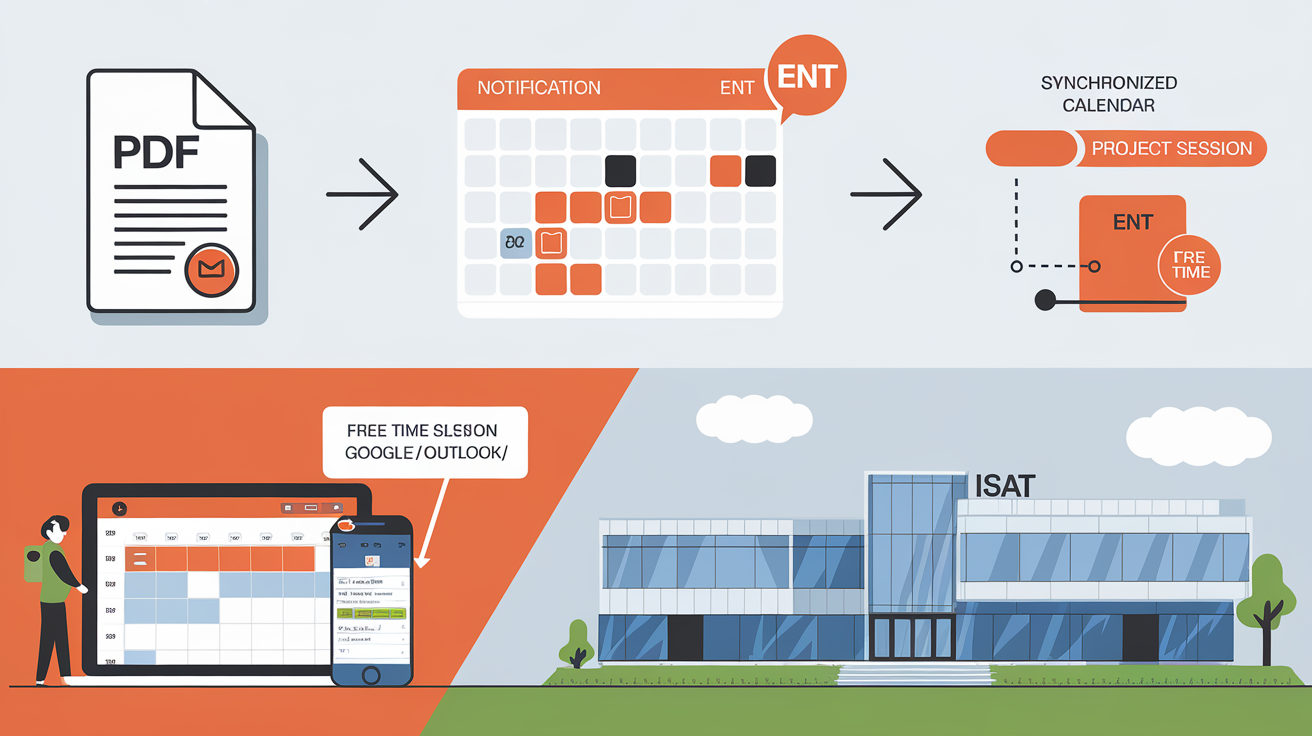 Infographie : PDF statique VS ENT dynamique, notifications, synchs calendrier, créneau projet, étudiant consultant ENT devant ISAT.
