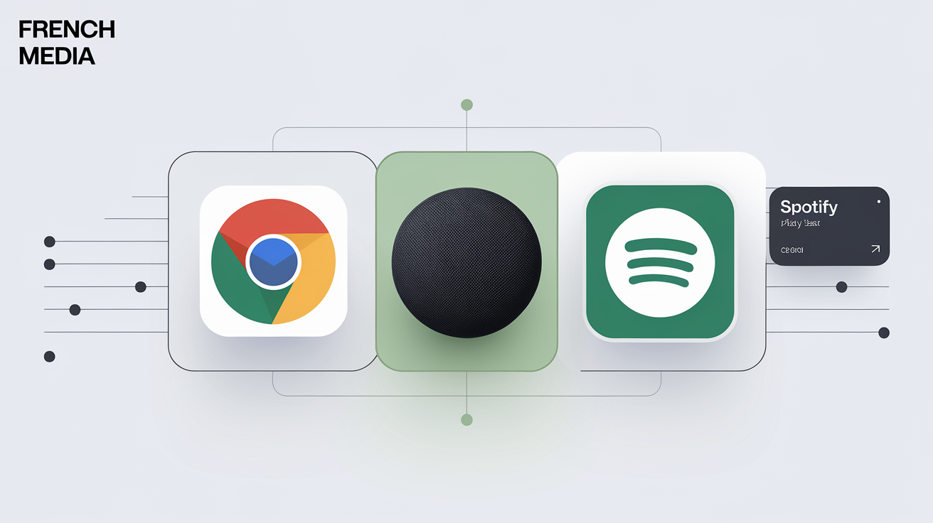 Icônes extensions Chrome, enceinte connectée et playlist Spotify