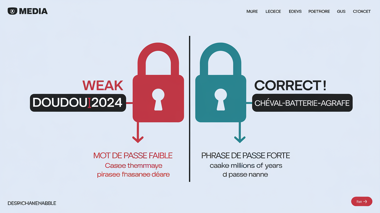 Infographie simple montrant la différence de résistance au piratage entre un mot de passe commun et une phrase de passe complexe, illustrant pourquoi les hackers abandonnent face à cette dernière.