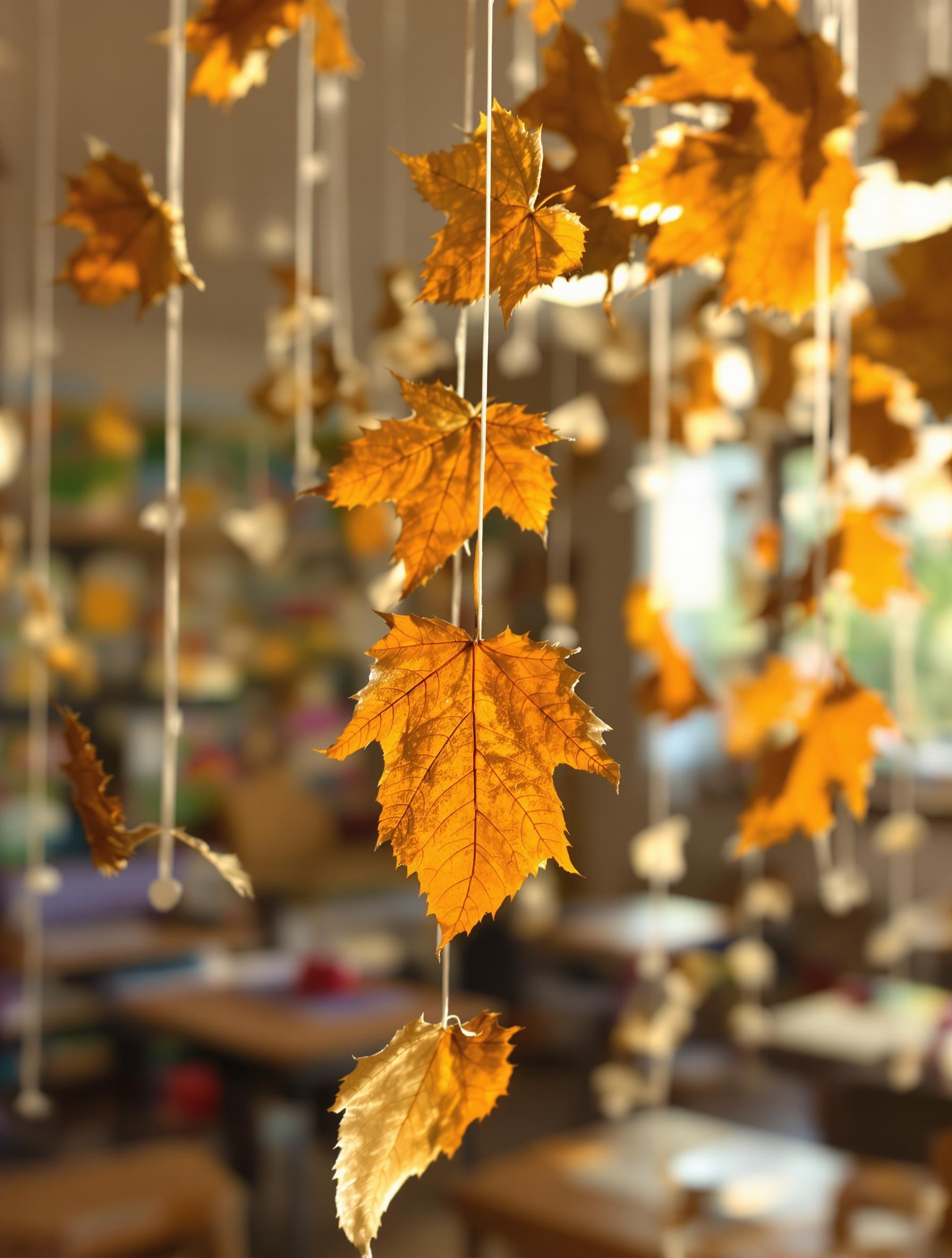 Œuvre collective d’élèves : forêt aérienne de feuilles d’Automne évoquant le poème de Raymond Richard