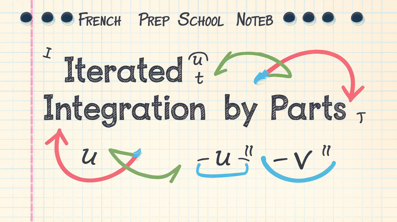 Tableau manuscrit de la formule d’intégration par parties itérée entourée de flèches colorées indiquant le passage de u à u', v à v', sur fond de cahier de prépa.
