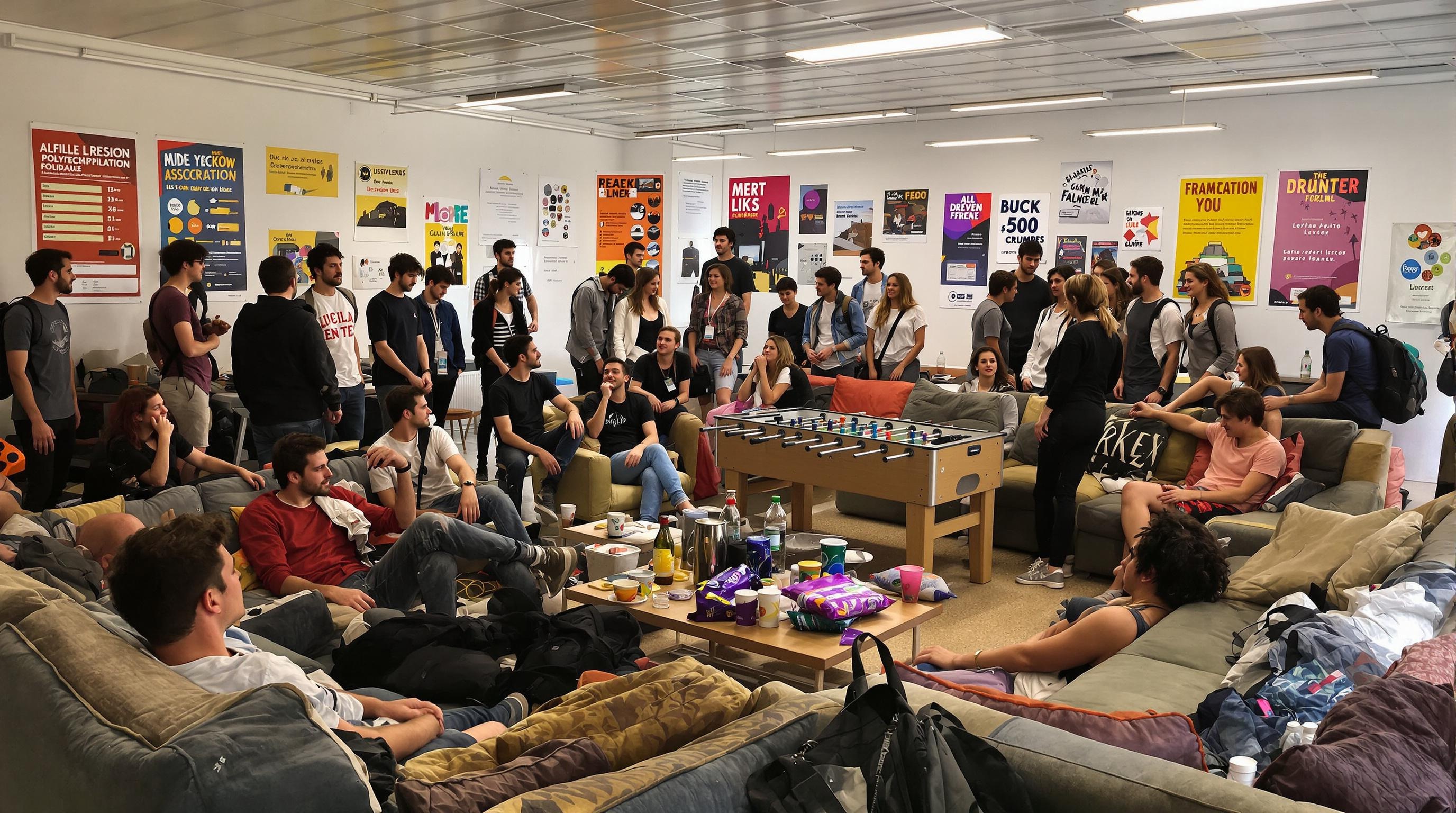 Intérieur du BDE Polytech Tours – canapés, baby-foot et étudiants animés