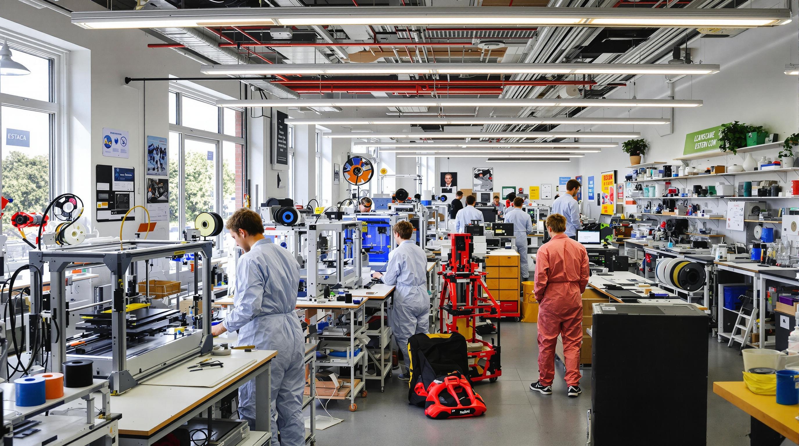 Intérieur du fablab ESTACA Laval : imprimantes 3D, étudiants en combinaison, atelier lumineux.