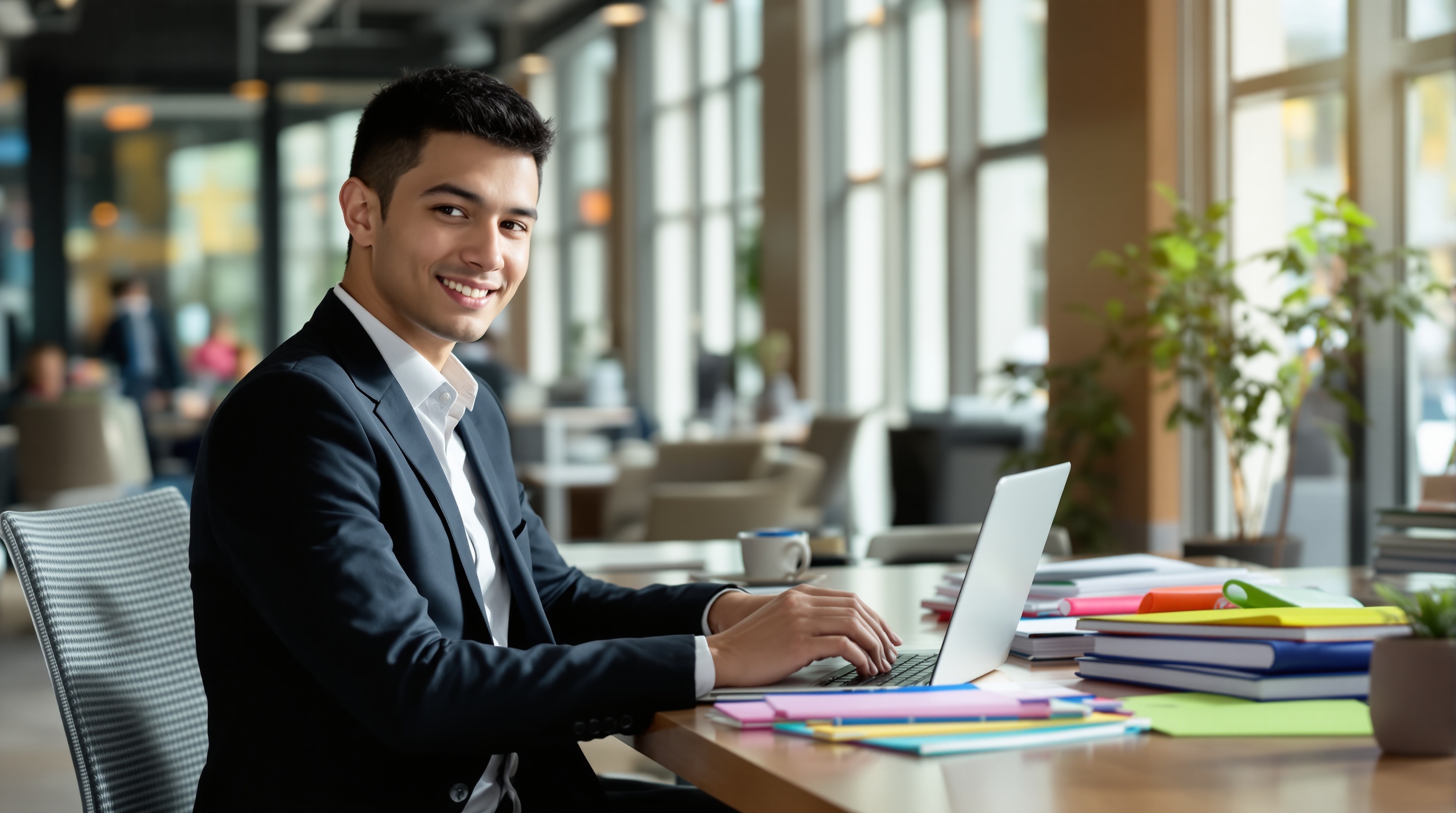 Jeune étudiant en costume travaillant en entreprise tout en étudiant.