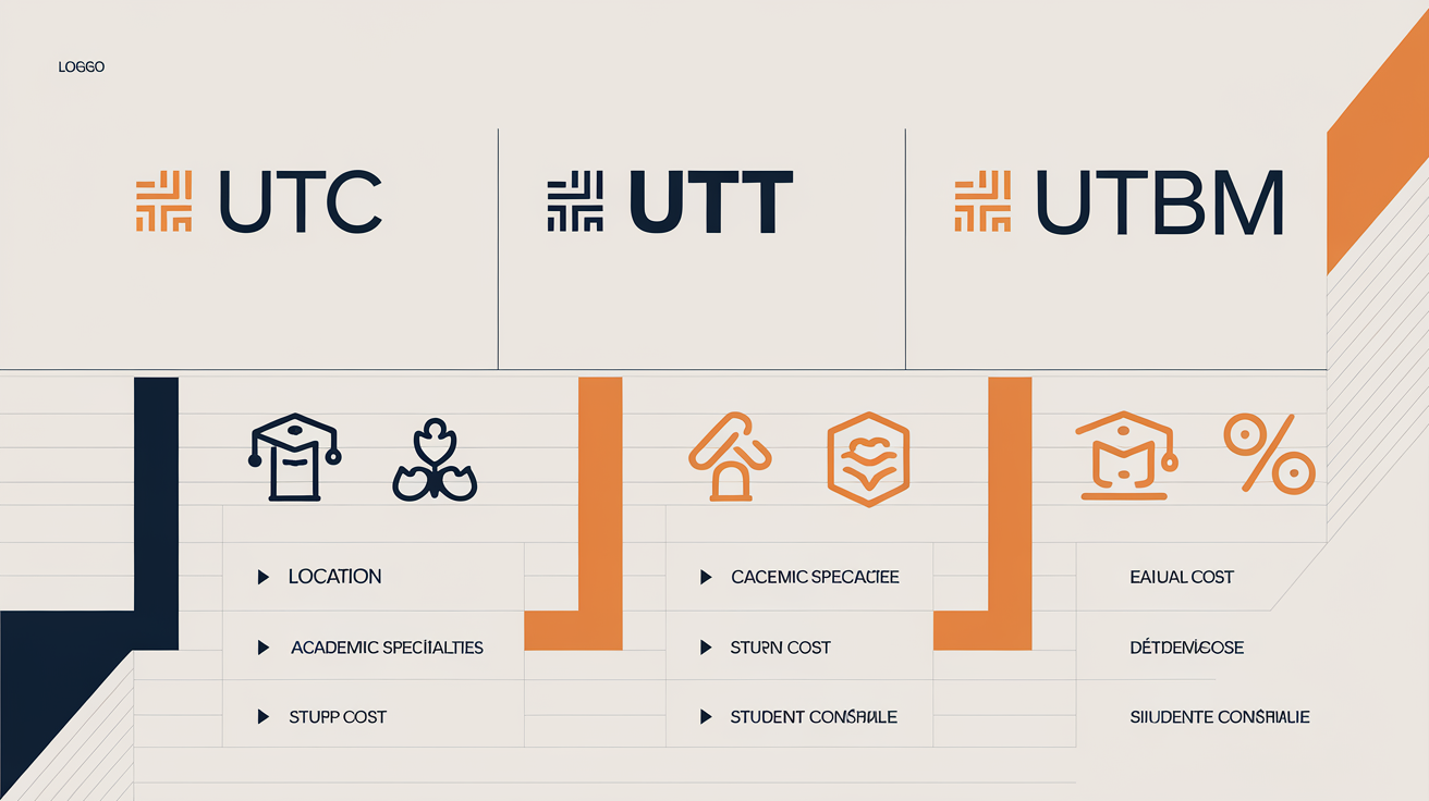 Logos des écoles UTC, UTT et UTBM avec leurs localisations et spécialités