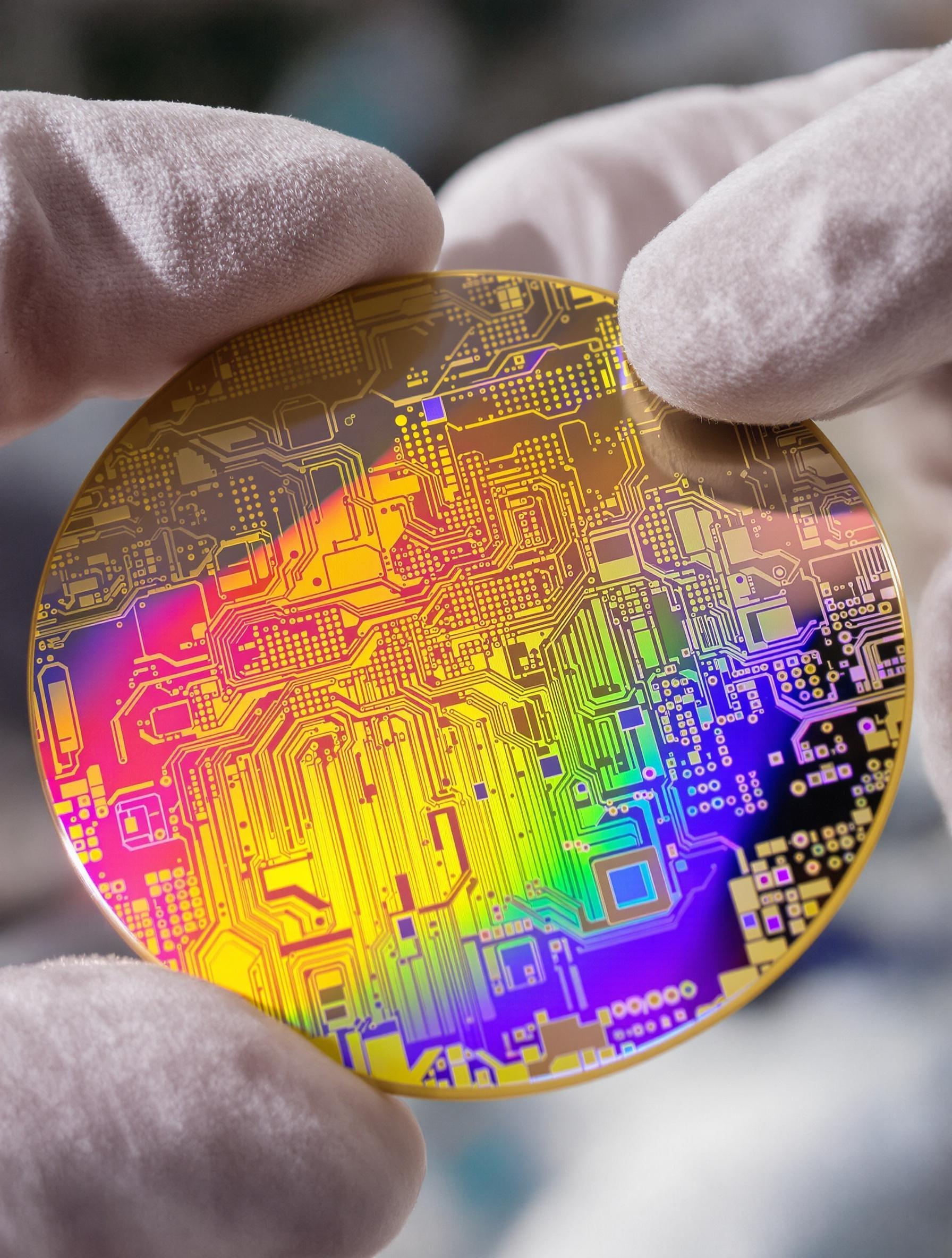 Photo macro d’une tranche de silicium réfléchissant les couleurs, avec micro-circuits apparents et gants antistatiques.
