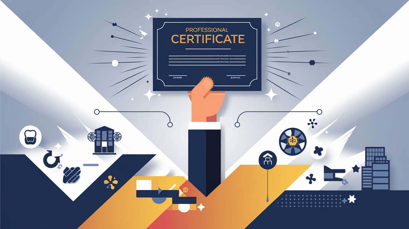 Main tenant un certificat professionnel avec des icônes métiers dynamiques