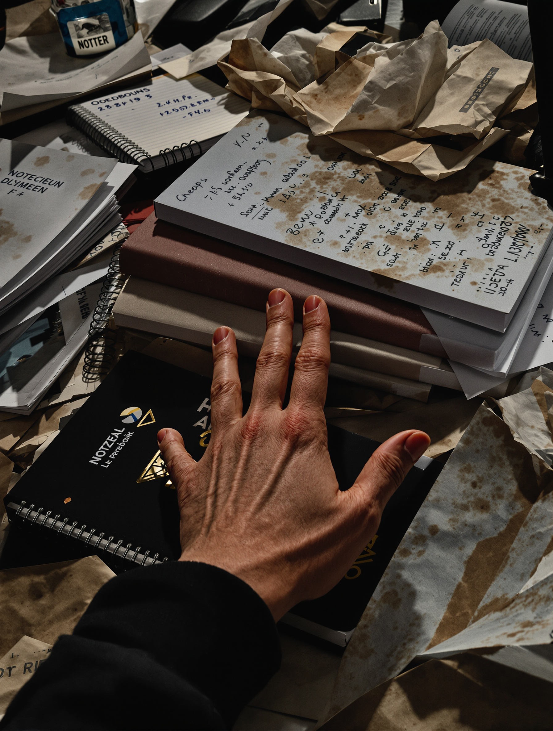 Main d’étudiant hésitant devant plusieurs types de cahiers sur un bureau surchargé de feuilles, formules et taches de café – ambiance CPGE française