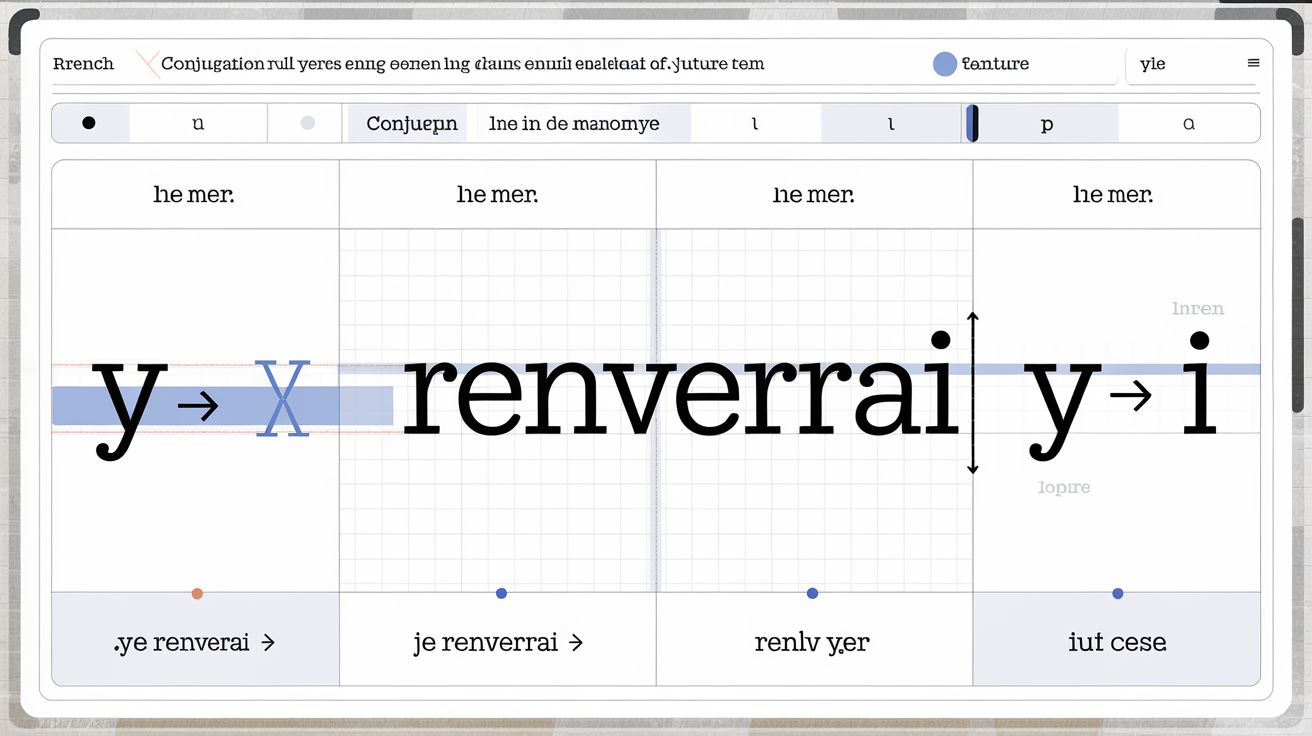 Illustration d’un manuel de conjugaison montrant le changement de 'y' en 'i' pour 'je renverrai'.