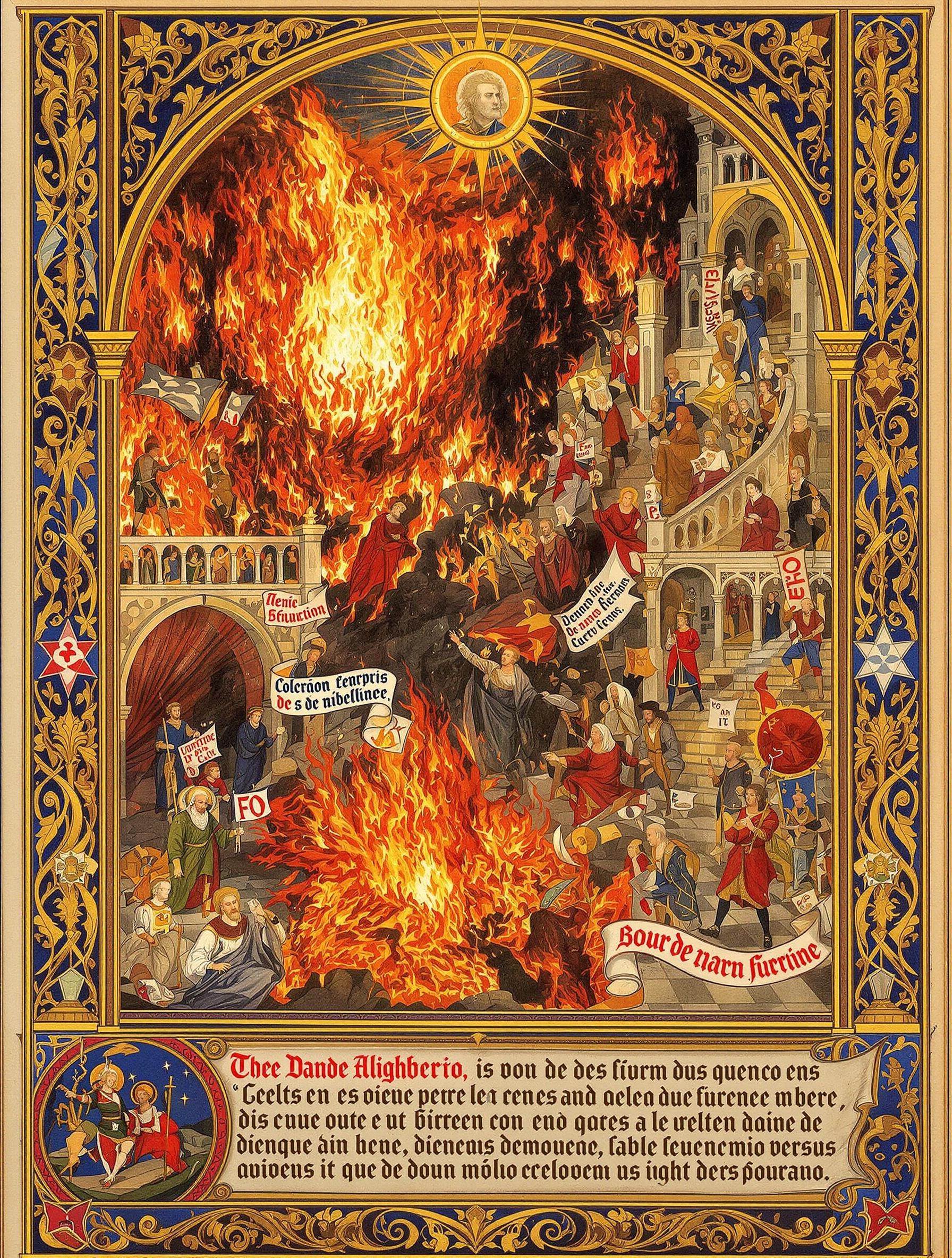 Dante Alighieri traversant l'Enfer, figures politiques florentines, factions et exil