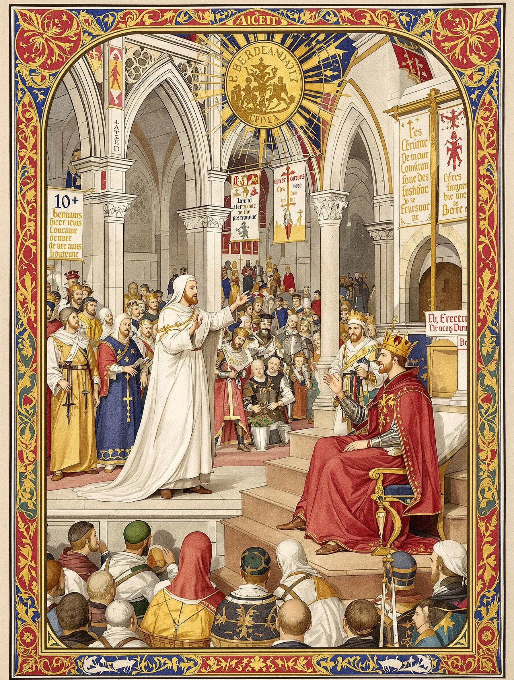 Manuscrit du Moyen Âge montrant Bernard de Clairvaux prêchant devant Louis VII et une foule, symbole de son influence politique et spirituelle sur la croisade.