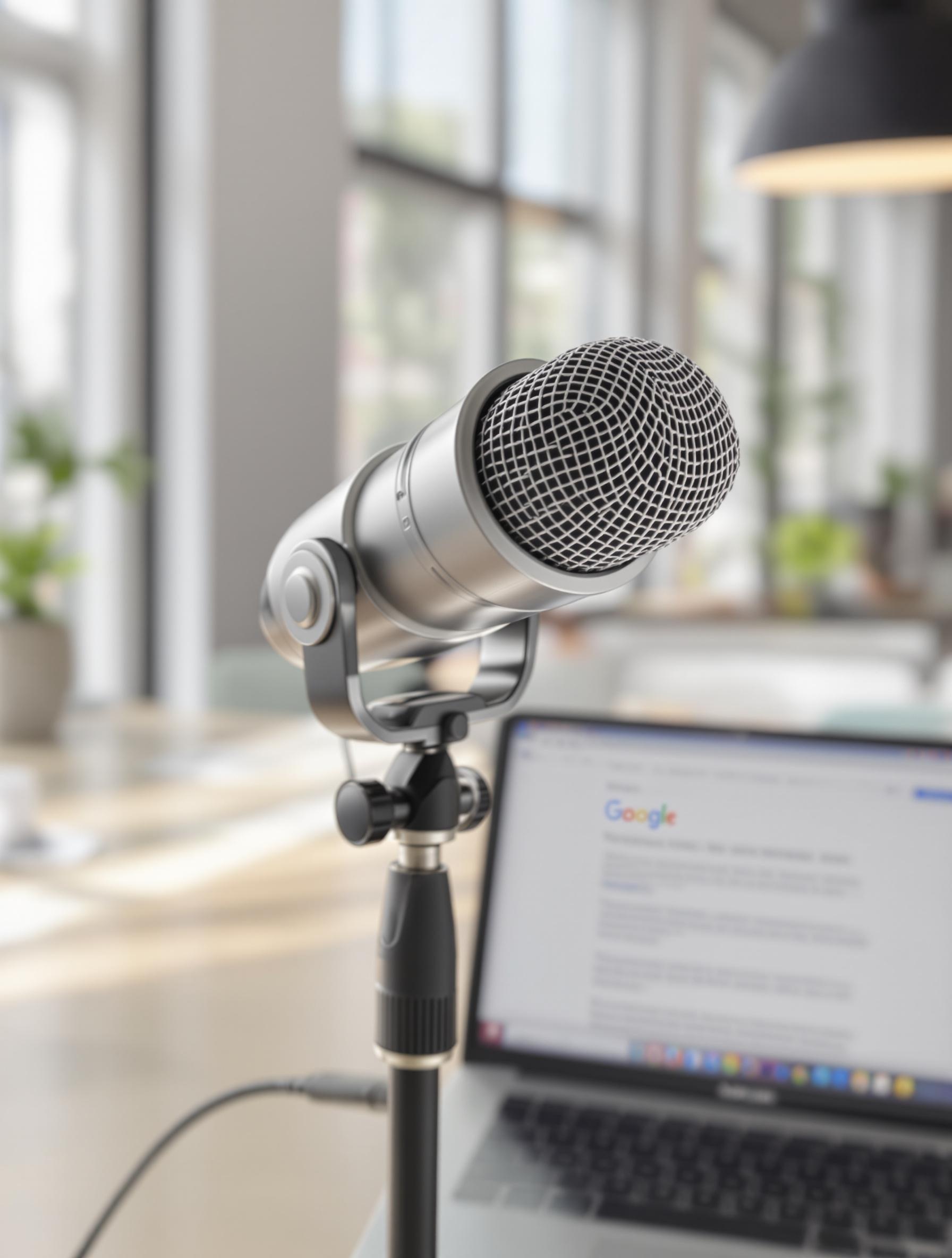Microphone USB cardioïde utilisé dans un open-space avec Google Doc à l’écran