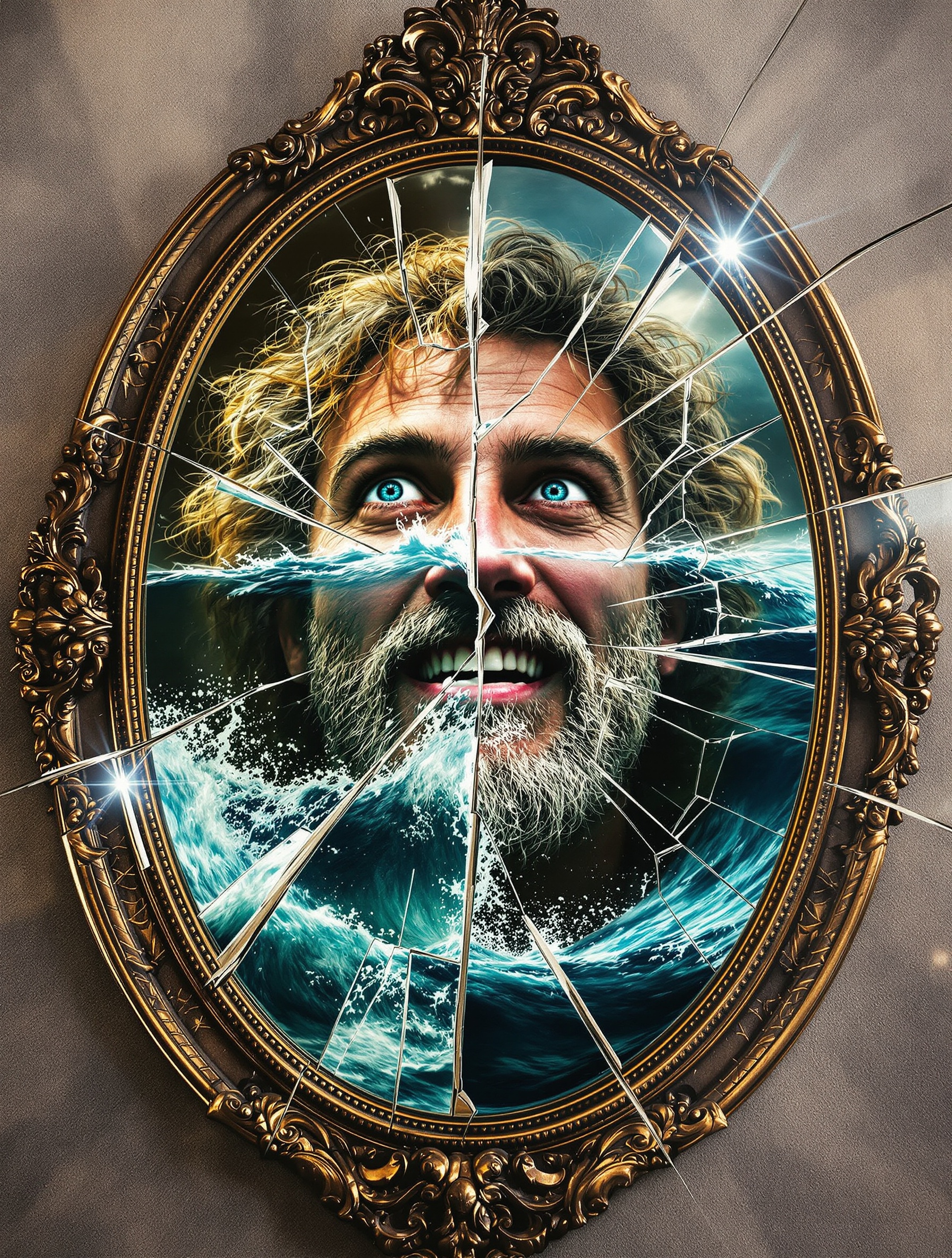 miroir antique brisé reflétant Icare et la mer, symbolique de la dualité ambition-chute