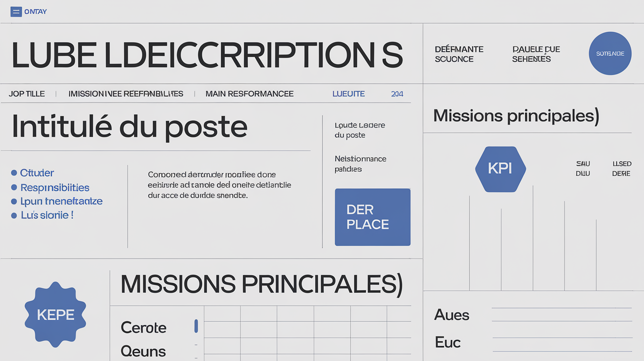 Aperçu du modèle de fiche de poste avec intitulé, missions principales et KPI.