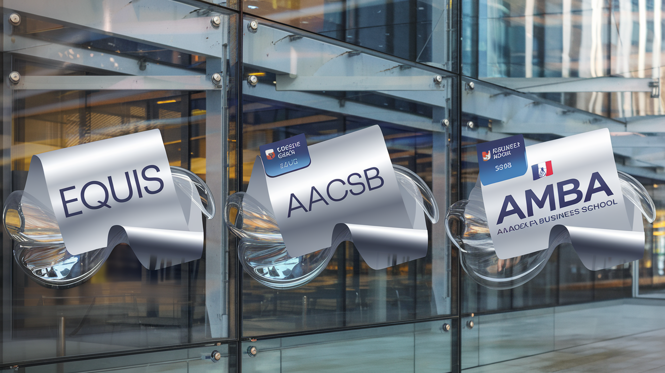 Logos EQUIS AACSB AMBA autocollants sur devanture d’école de commerce française