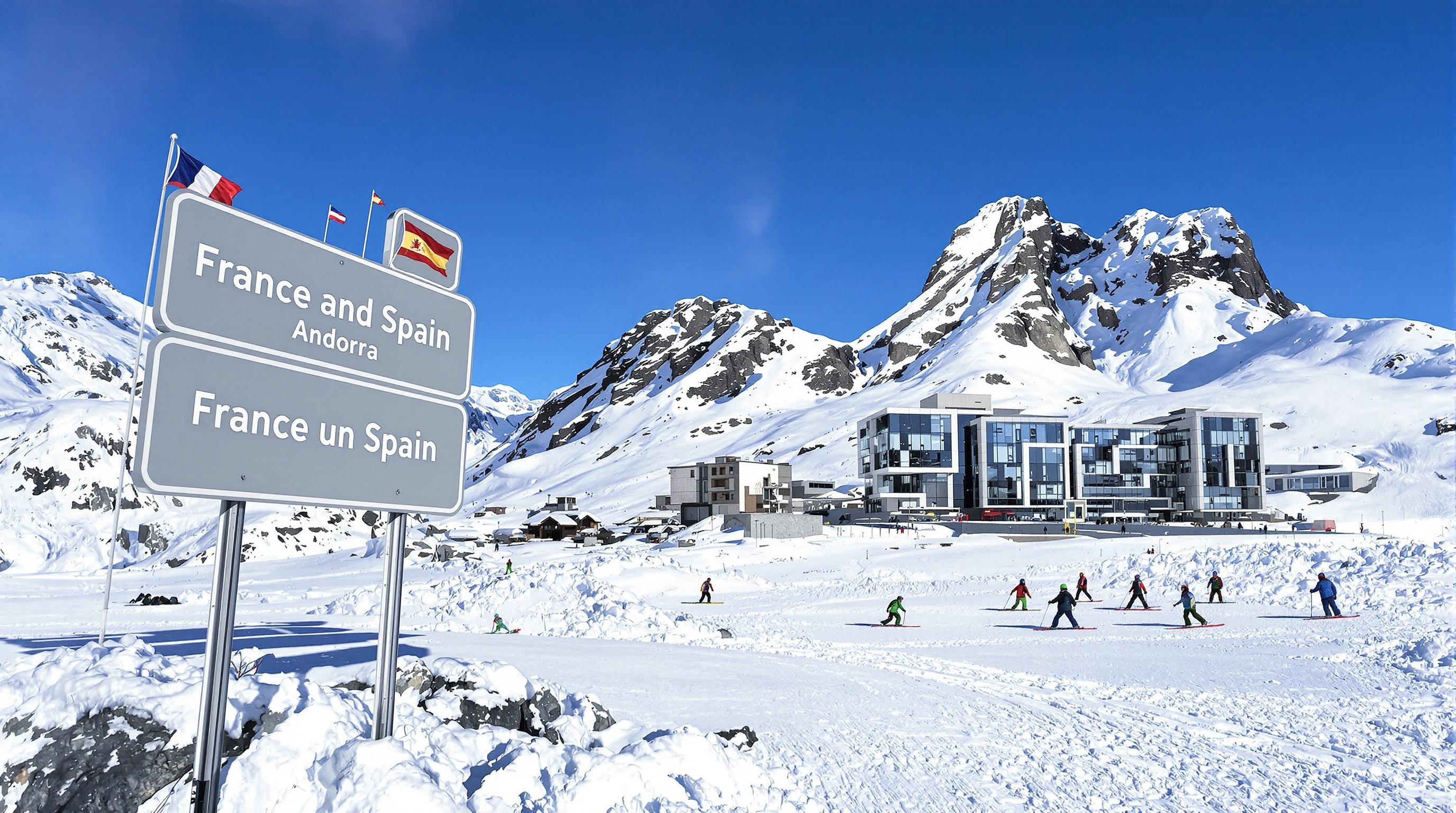 Montagne enneigée d’Andorre et panneaux frontaliers France-Espagne