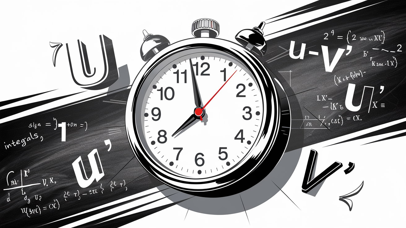Montre analogique indiquant 30 secondes entourée de symboles u, v, u', v' pour illustrer la sélection rapide lors de l’intégration par parties.