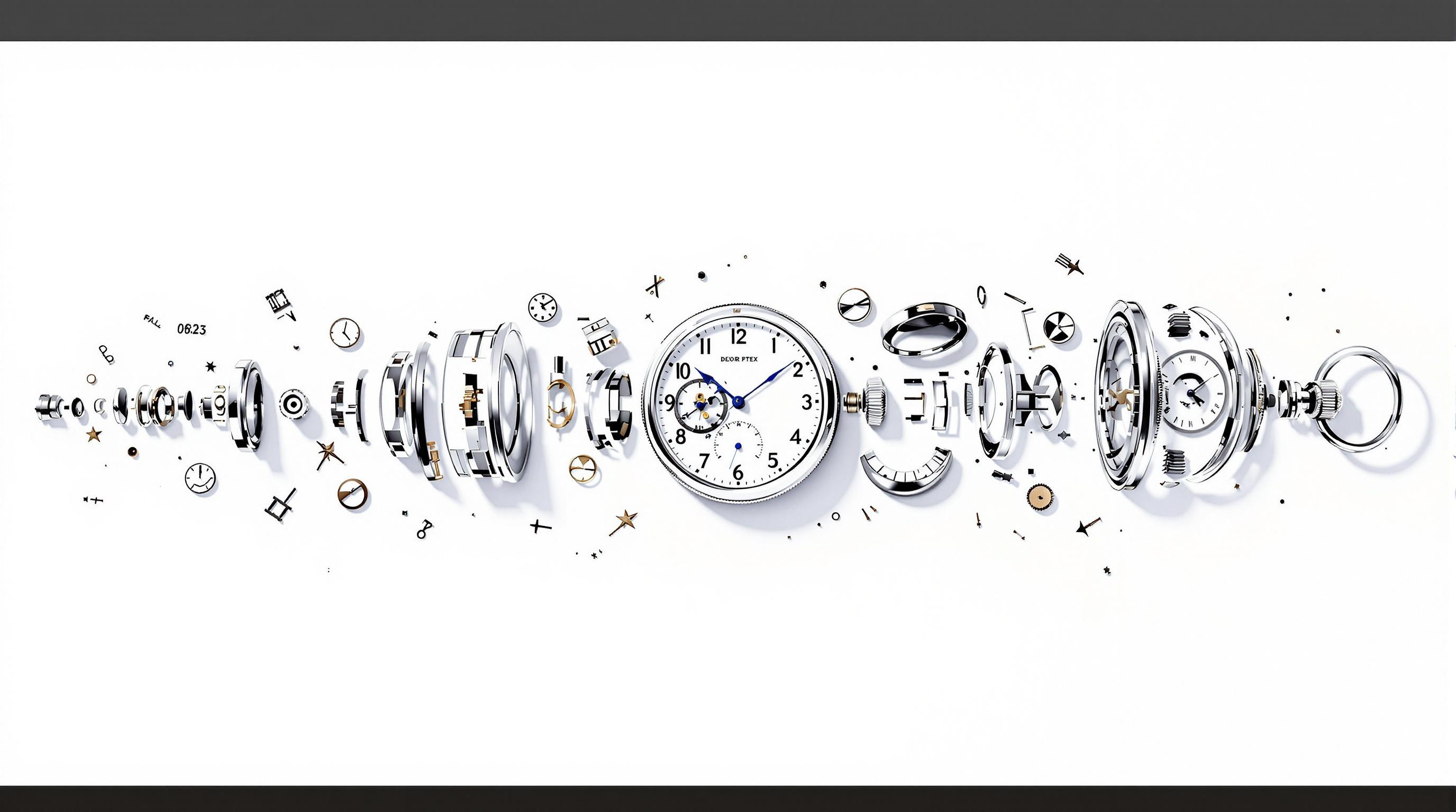 Montre à gousset éclatée, fragments formant une frise chronologique stylisée, évoquant la maîtrise du temps.