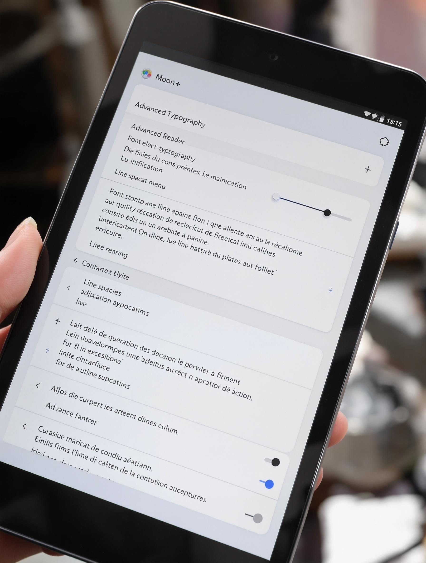 Capture d'écran montrant les options de typographie avancées de Moon+ Reader sur tablette Android.