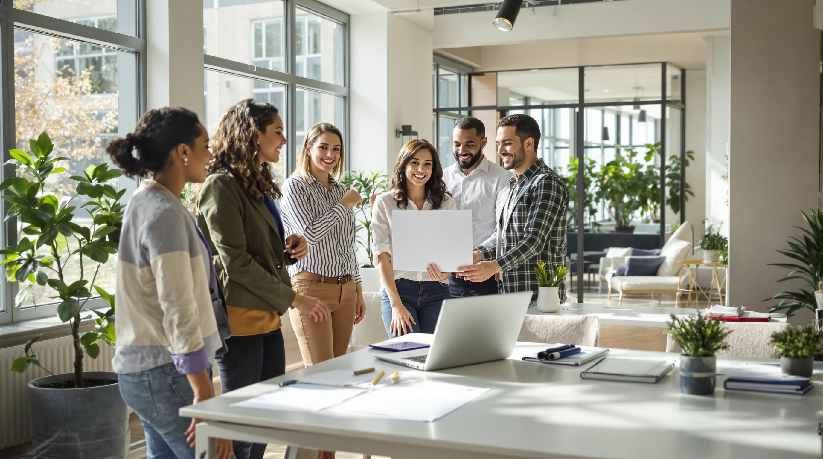 Un nouvel employé découvre son espace de travail avec son équipe lors de son premier jour.