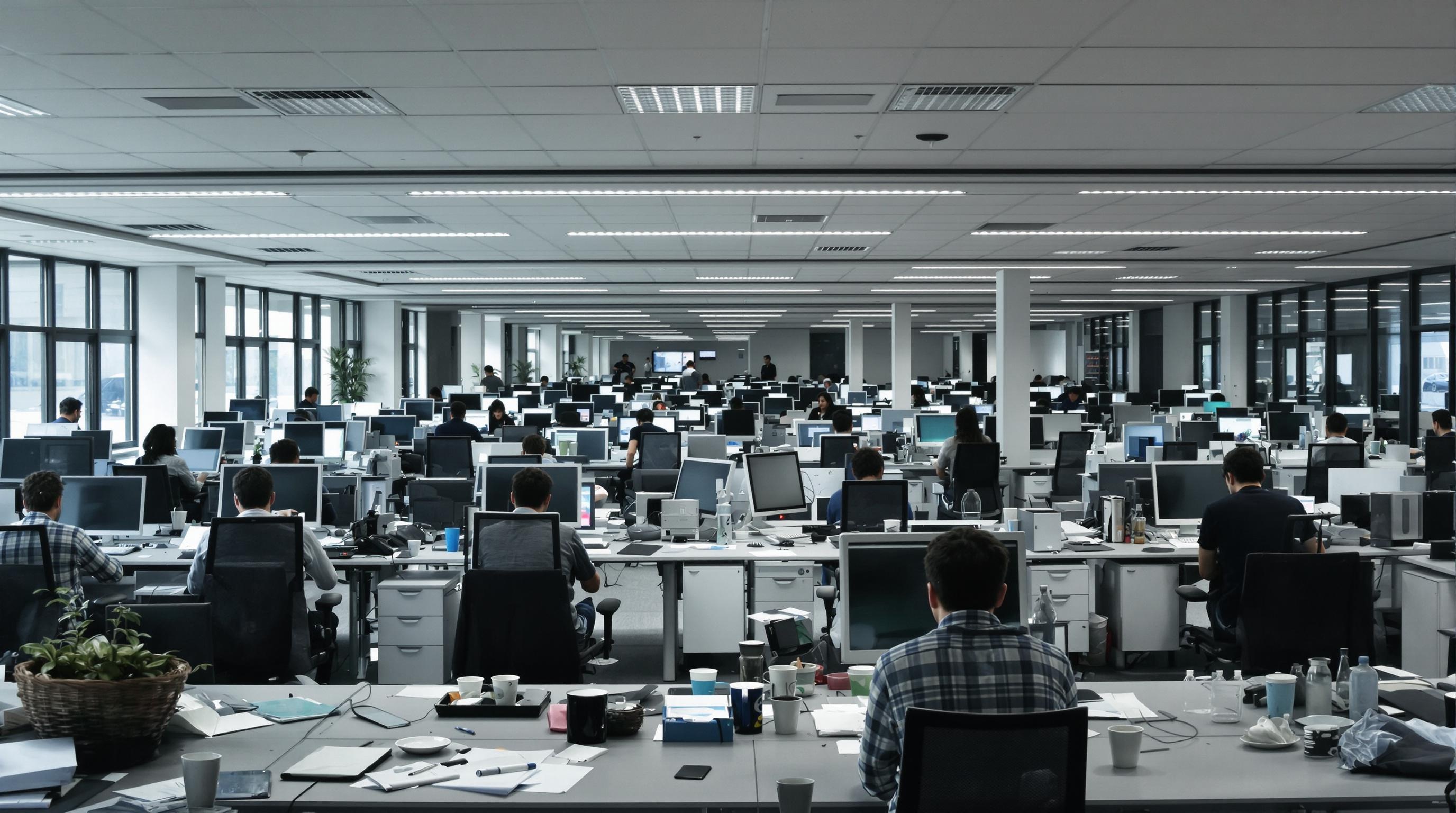 Open-space corporatif français morose, ambiance désengagée