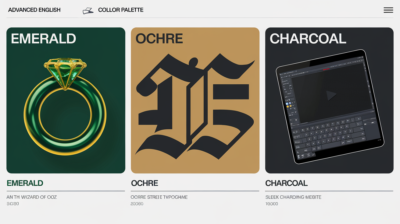 Palette avancée en anglais avec emerald, ochre et charcoal