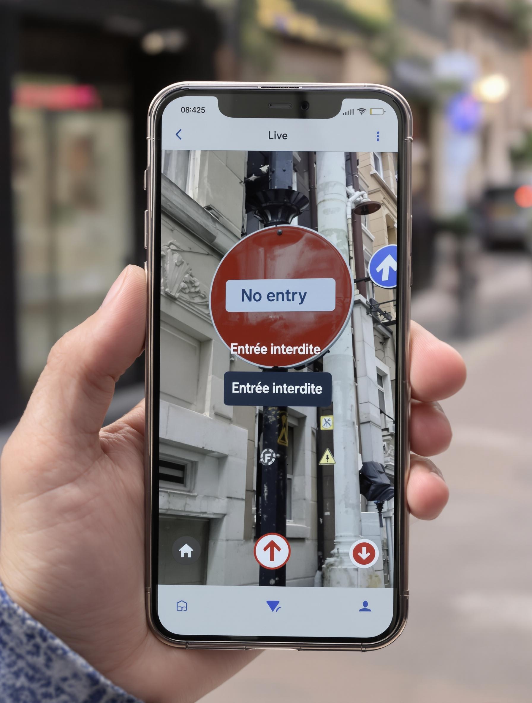 Photo d’une pancarte en anglais (‘No entry’) traduite en français avec superposition directe via Google Traduction.