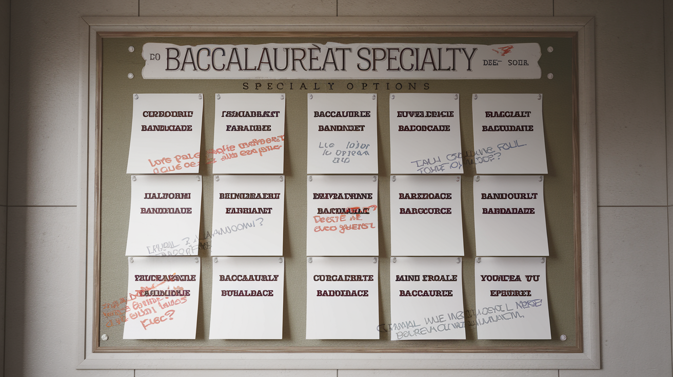 Panneau d'affichage des spécialités au lycée Courbet, couvert de commentaires manuscrits sarcastiques.