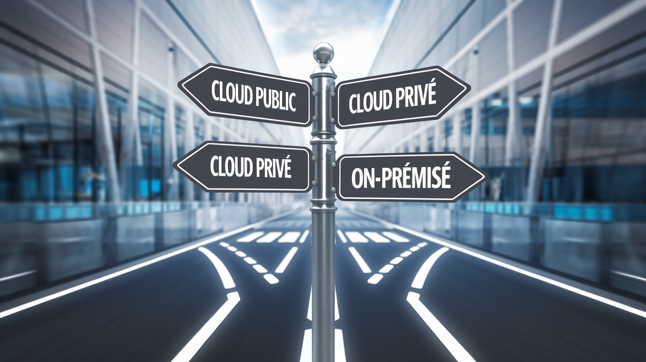 Choix stratégique cloud pour entreprise : panneau indicateur intersection 'Cloud Public', 'Cloud Privé', 'On-Premise'