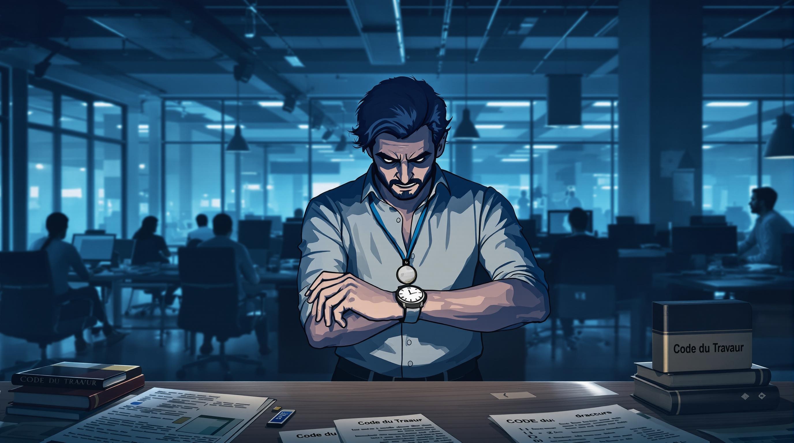 Illustration d'une pause réglementaire de 20 minutes pour un salarié en open-space avec badgeuse, selon le Code du travail