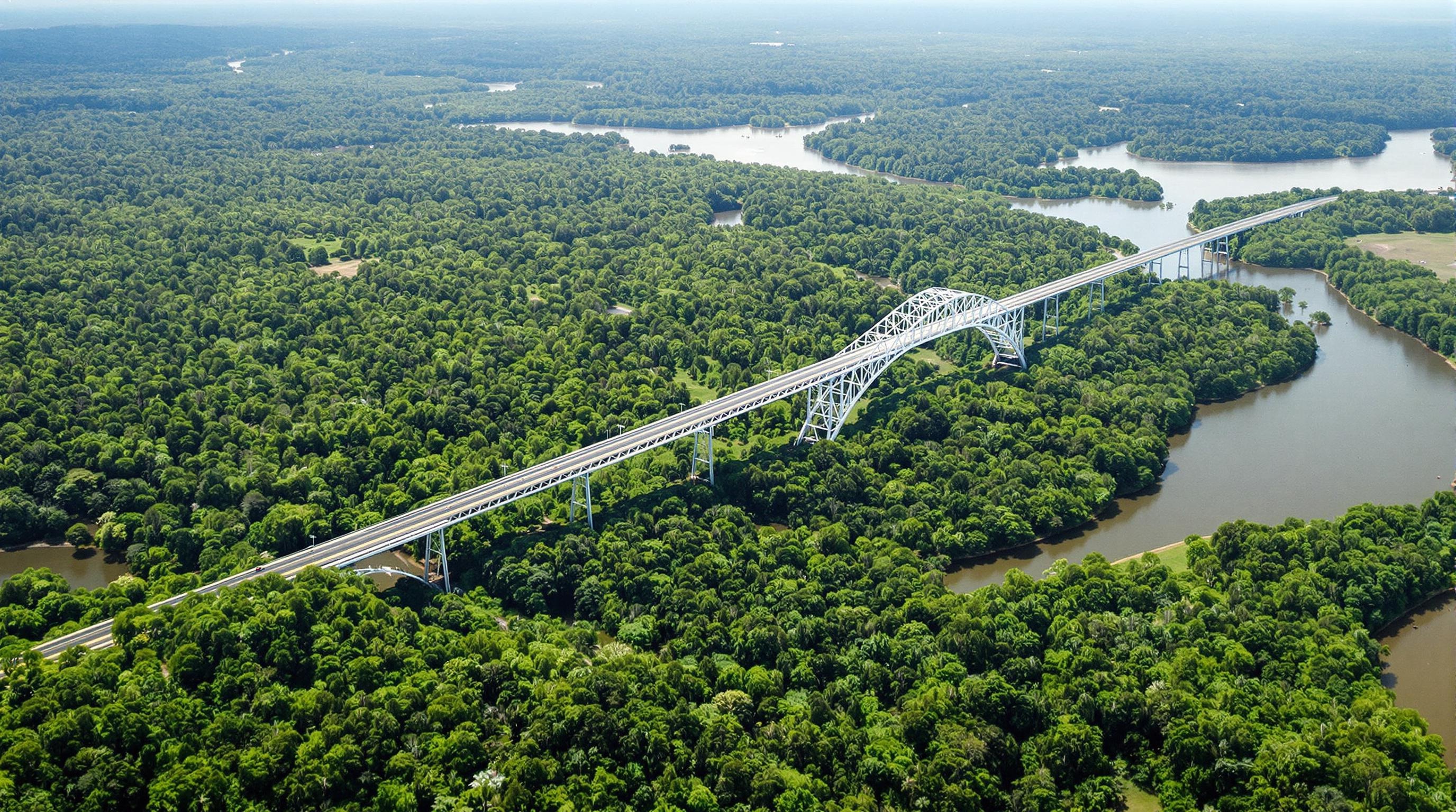 Pont sur l’Oyapock entre Saint-Georges et Oiapoque, forêt amazonienne en arrière-plan