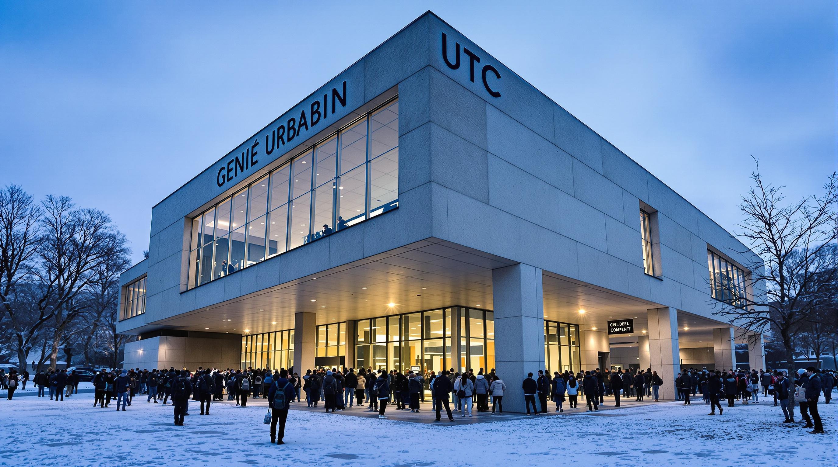 Campus de l'UTC au petit matin avec des étudiants devant le bâtiment Génie Urbain