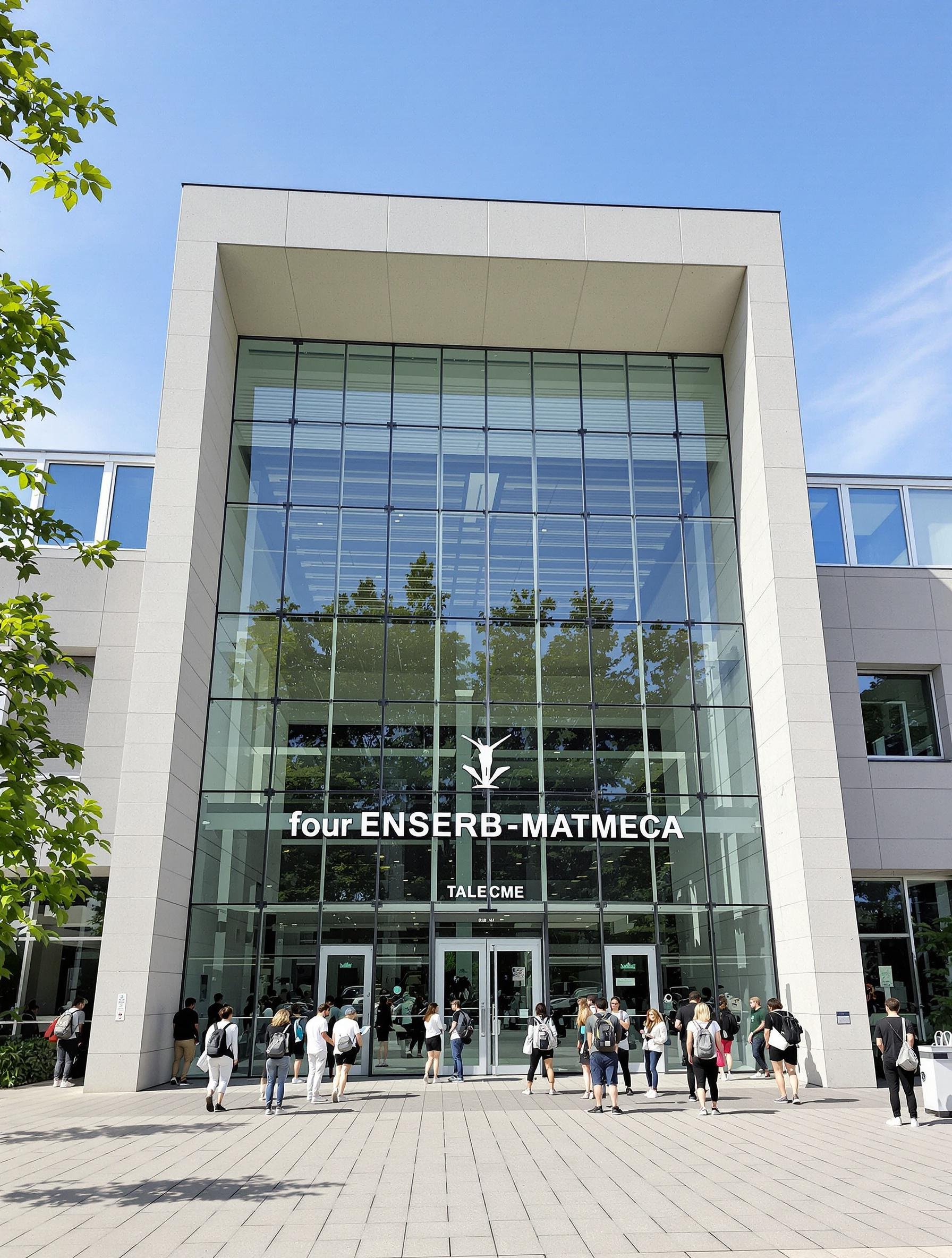 Façade de l'ENSEIRB-MATMECA sur le campus de Talence, avec des étudiants devant l'entrée principale.