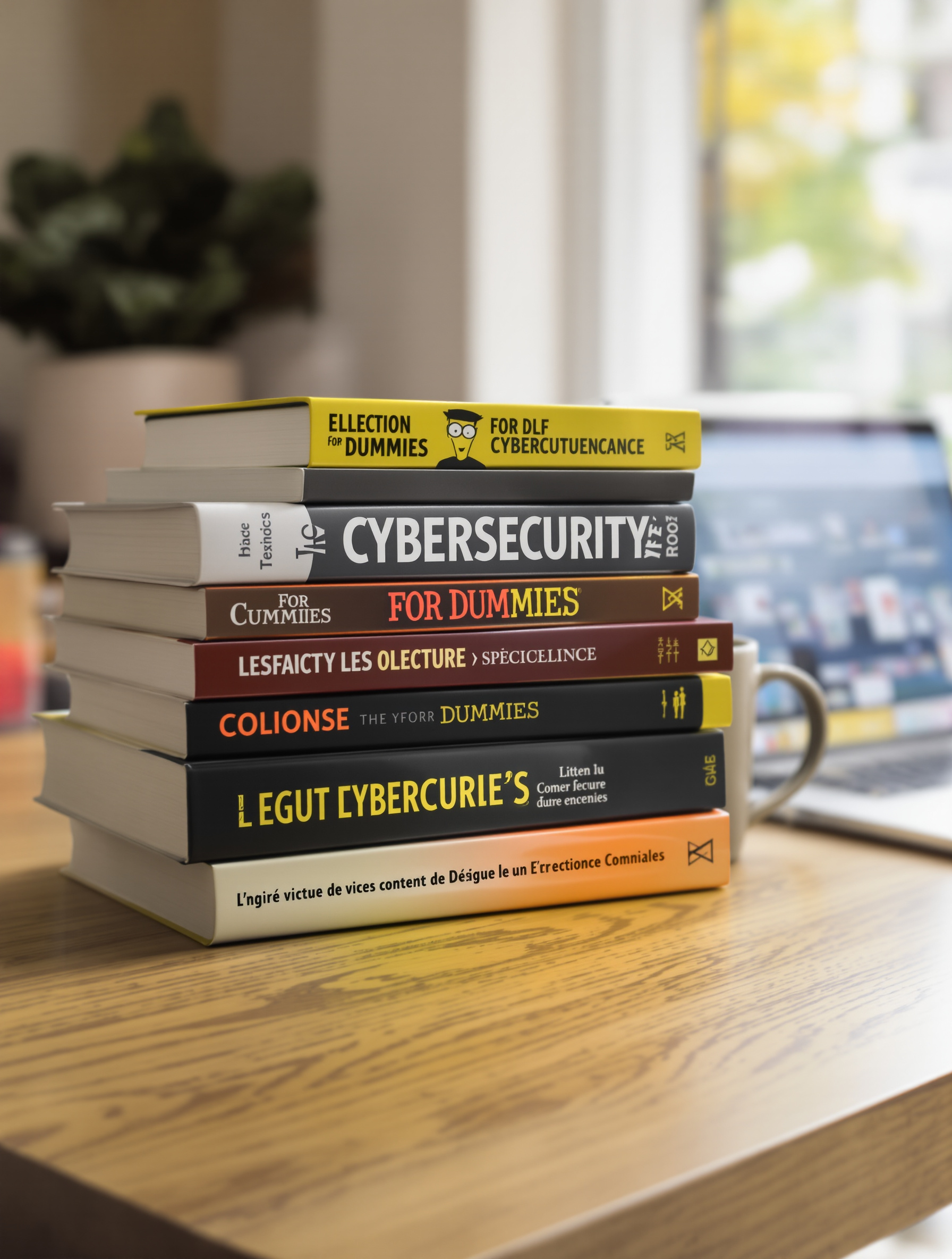 Pile de livres cybersécurité avec 'La Cybersécurité pour les Nuls' en premier plan