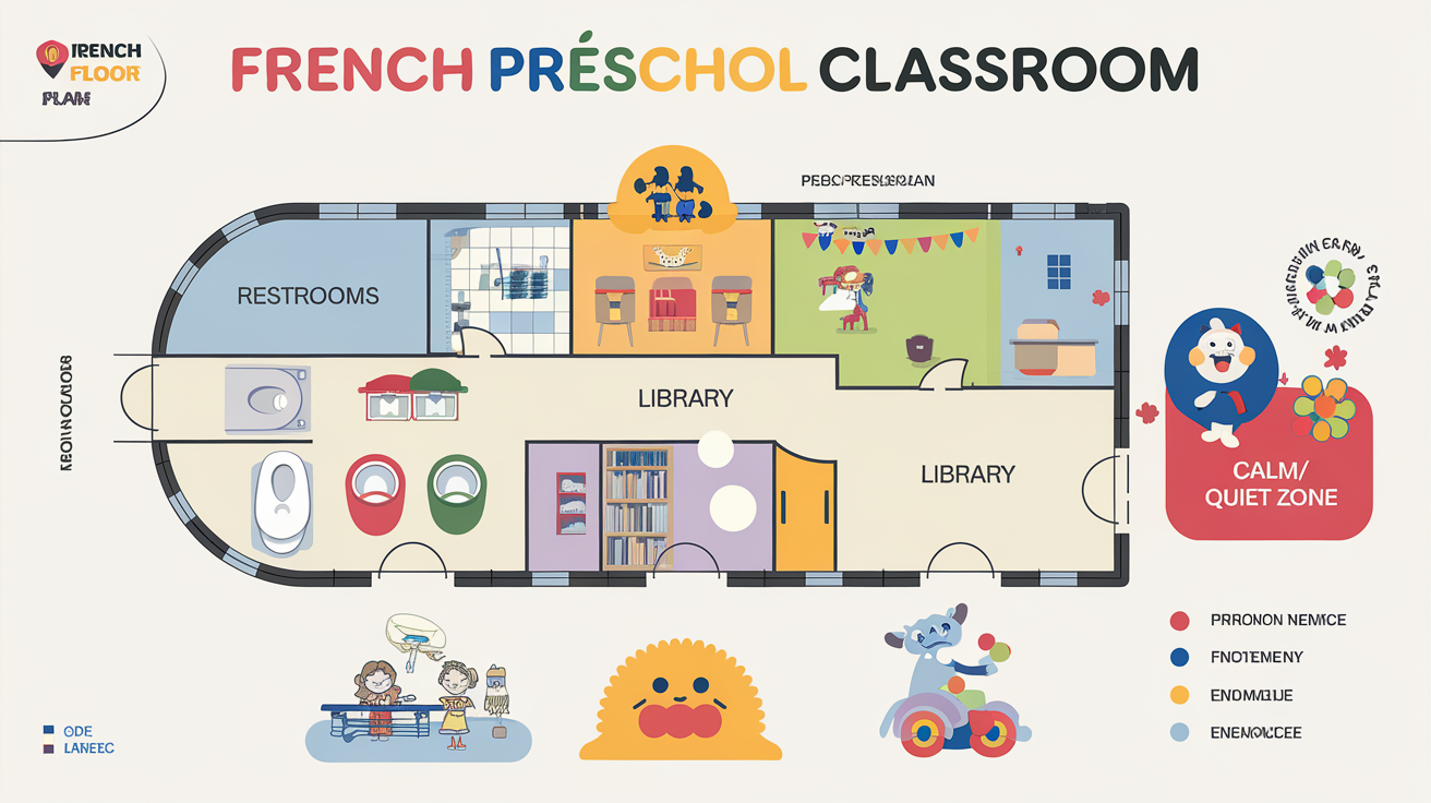 Plan de classe maternelle avec pictogrammes toilettes, bibliothèque, zone calme