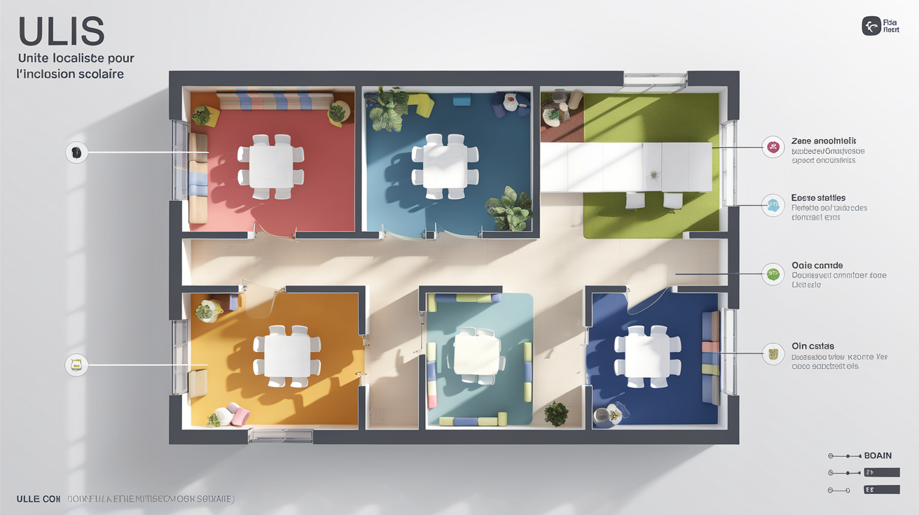 Plan de classe ULIS avec zones sensorielles et icônes tactiles