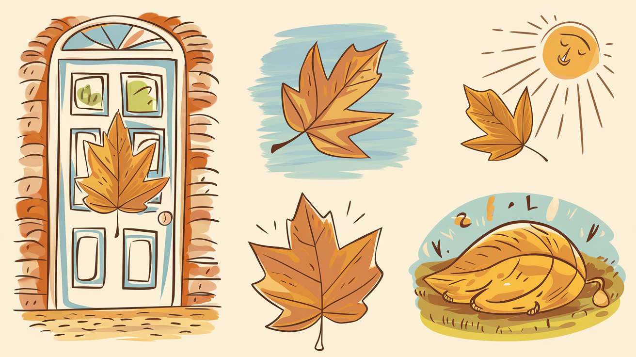 Storyboard enfantin : quatre cases – feuille devant porte, feuille au vent, rayon sur feuille ambrée, feuille dorée endormie dehors