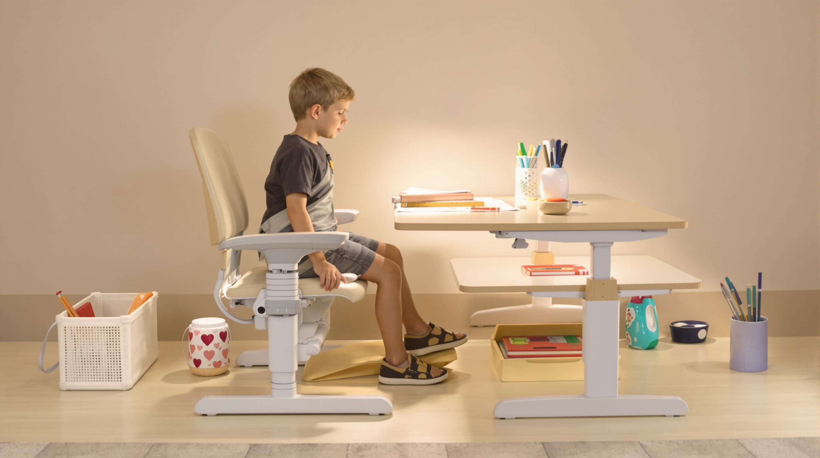 Poste de travail adapté aux devoirs CP, vue latérale montrant posture assise correcte et outils basiques.