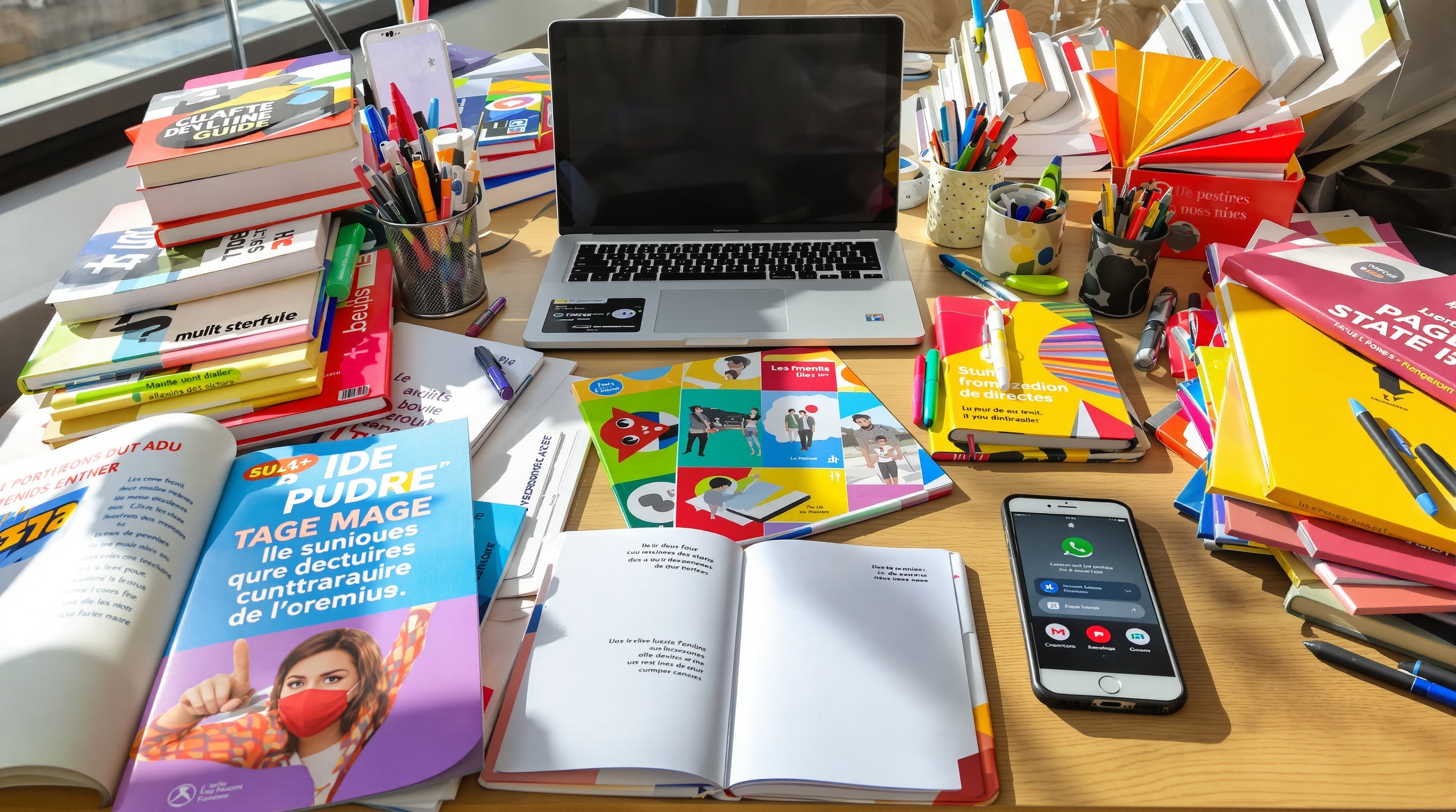 Un assemblage hétéroclite de manuels et d'outils numériques, symbolisant la panoplie d'options pour se préparer au TAGE MAGE.