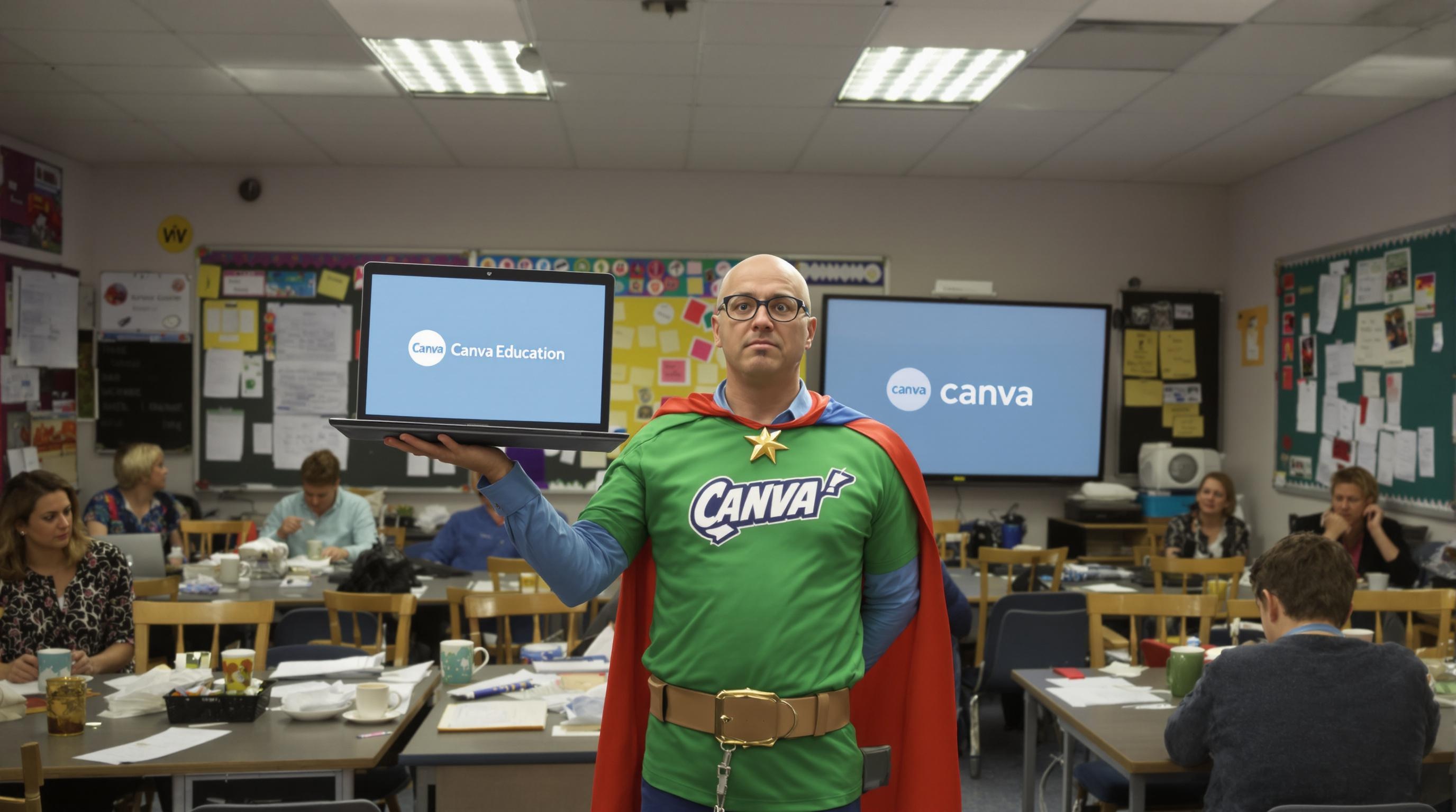 Un professeur super-héros fatigué brandissant Canva Éducation en salle des profs