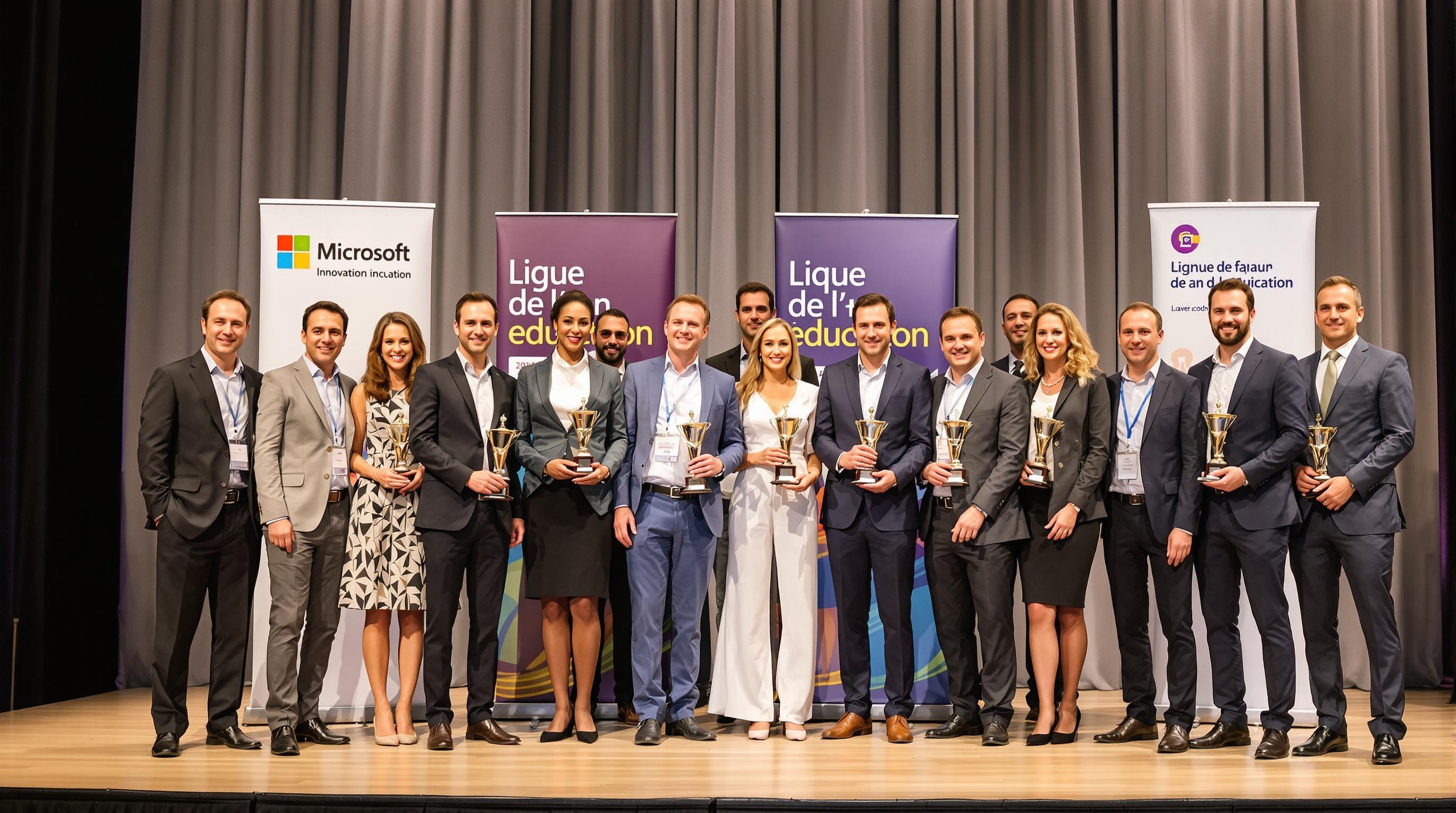 Lauréats Forum des enseignants innovants sur scène, trophées en main, kakémonos Microsoft et Ligue de l’enseignement.