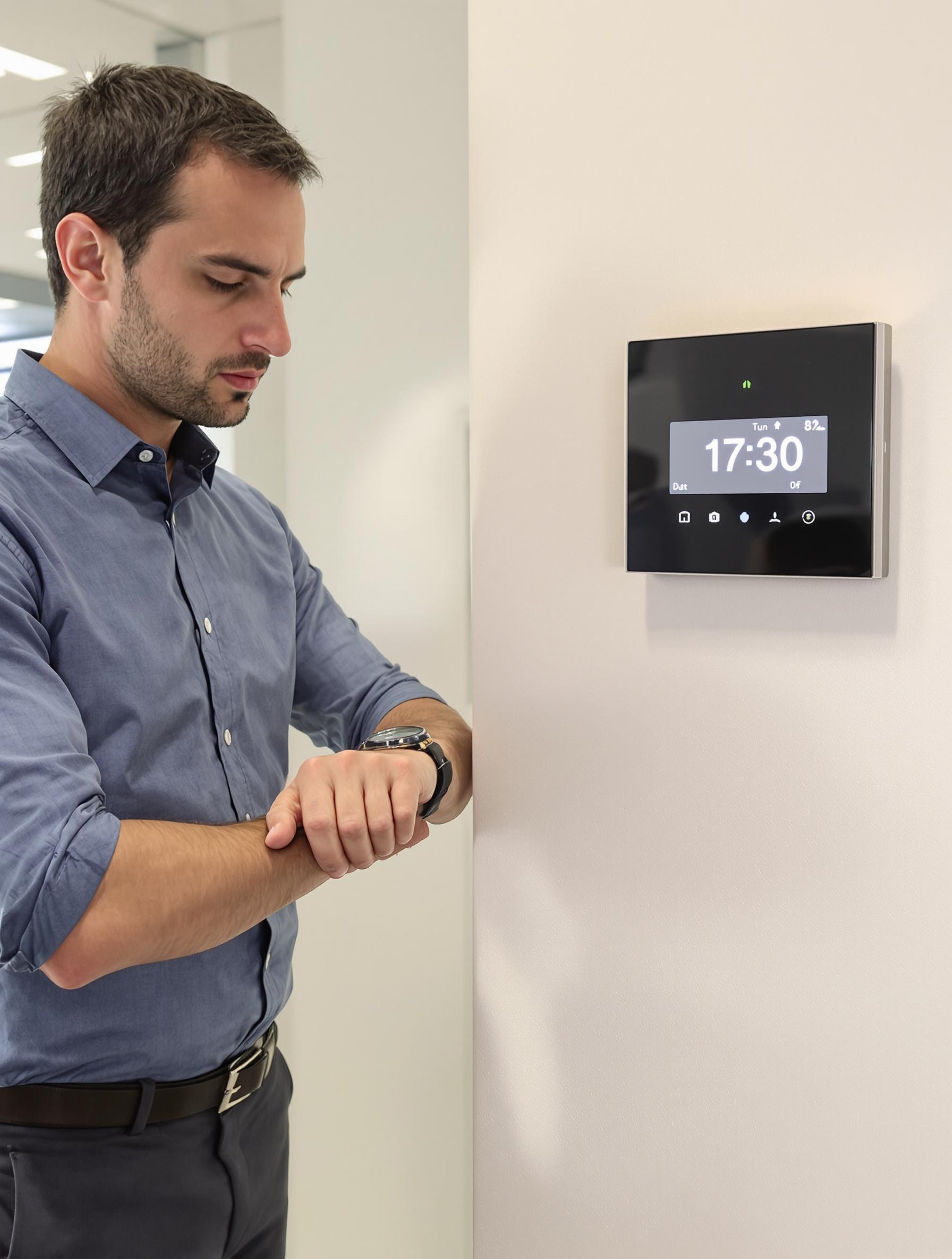 Illustration d’un salarié consultant sa montre devant une badgeuse, montrant l’absence de pause légale avant 6 heures de travail.