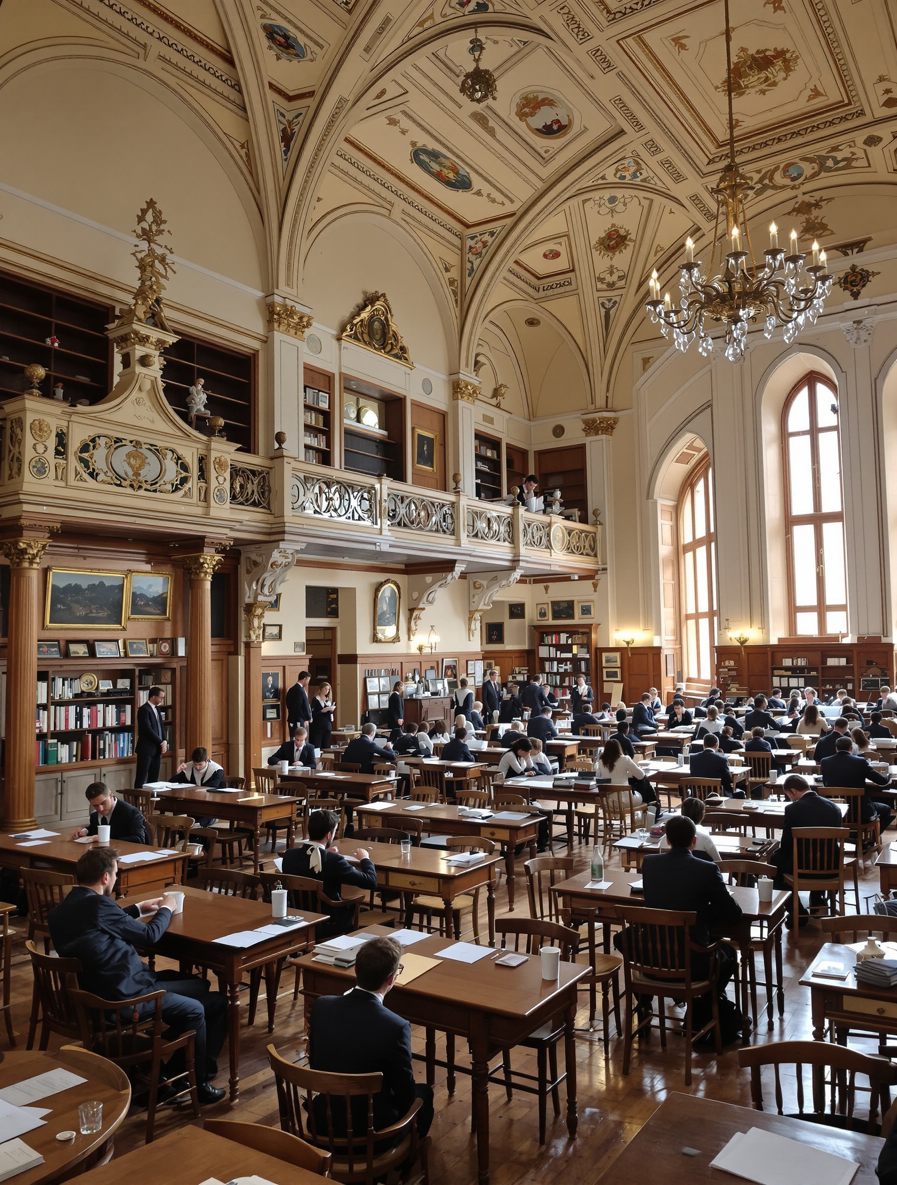 Salle de classe du Collège Episcopal Saint-Étienne à Strasbourg, ambiance studieuse, architecture ancienne, professeurs et élèves en uniforme classique.
