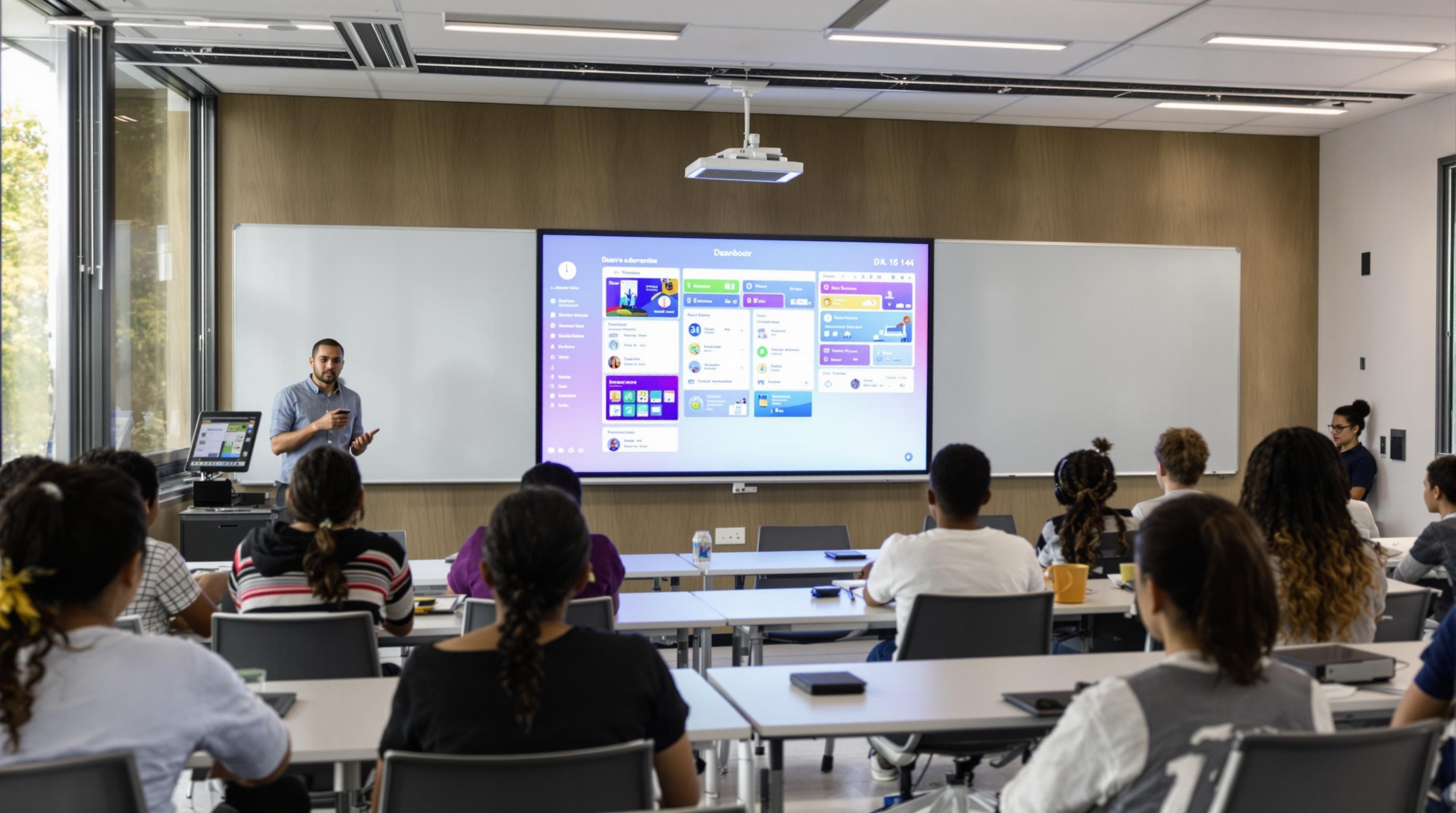 Salle de classe moderne avec fond d’écran interactif et ambiance studieuse