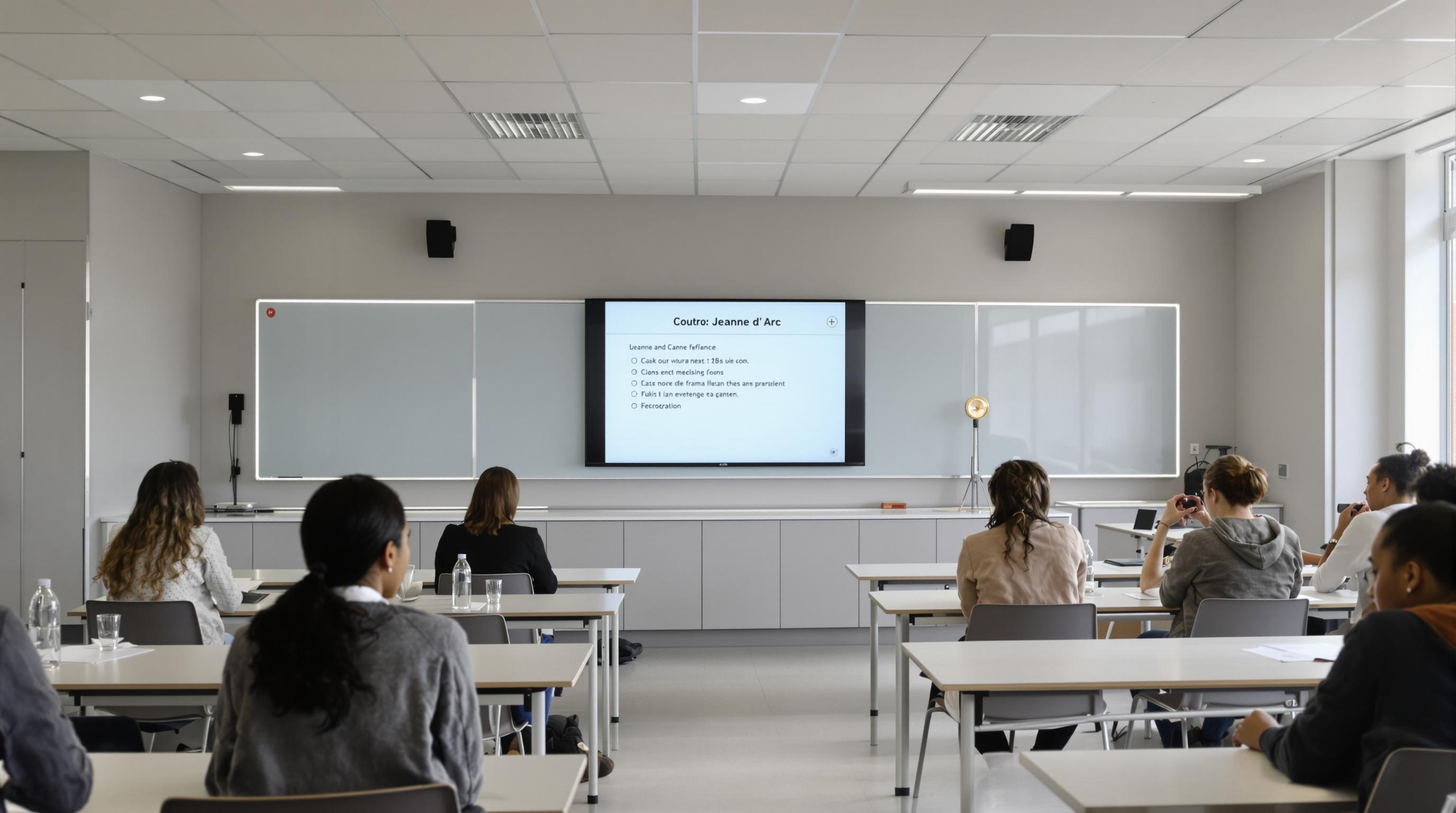 Salle de classe moderne au lycée Jeanne d’Arc Caen ; tableau numérique, élèves attentifs, ambiance studieuse