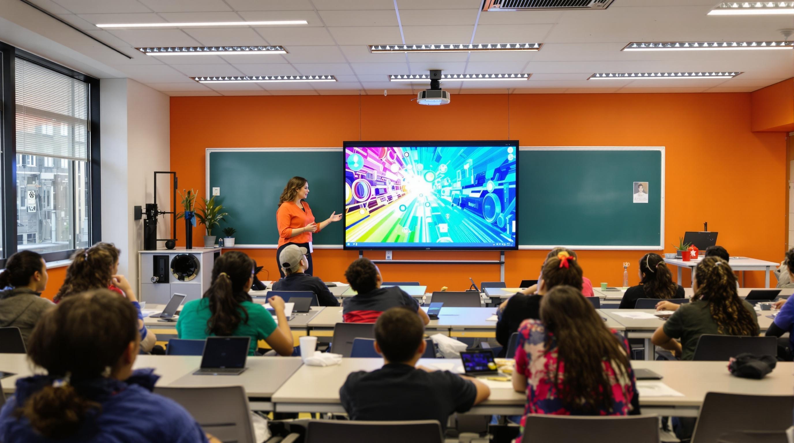 Salle de classe moderne avec fond d’écran interactif et ambiance studieuse