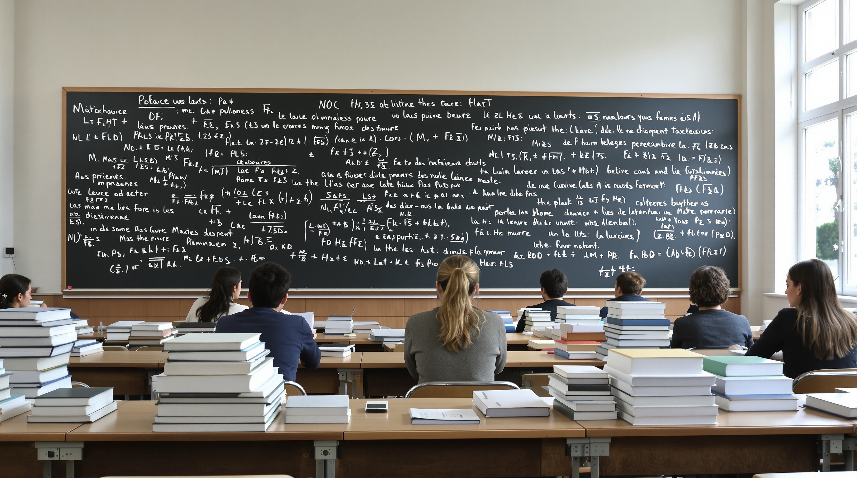 Salle de classe prépa B/L, ambiance studieuse, livres, tableaux de formules et citations