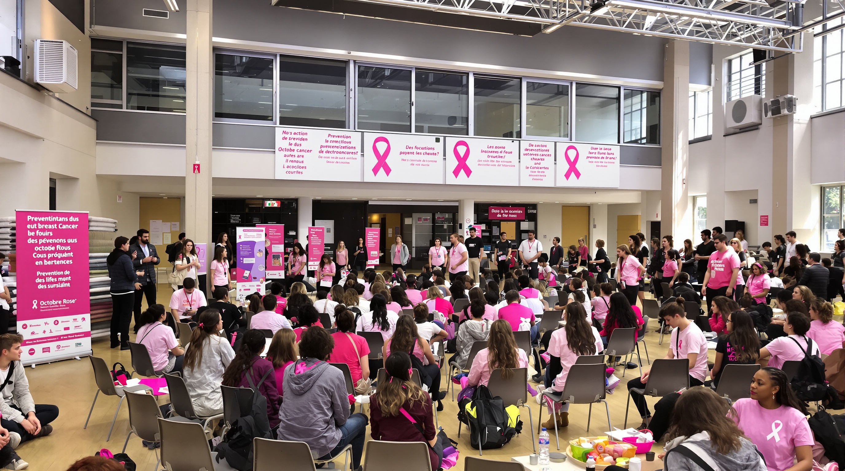 Salle polyvalente lors d'une conférence Octobre Rose au Lycée Courbet, affiches et engagement visible.